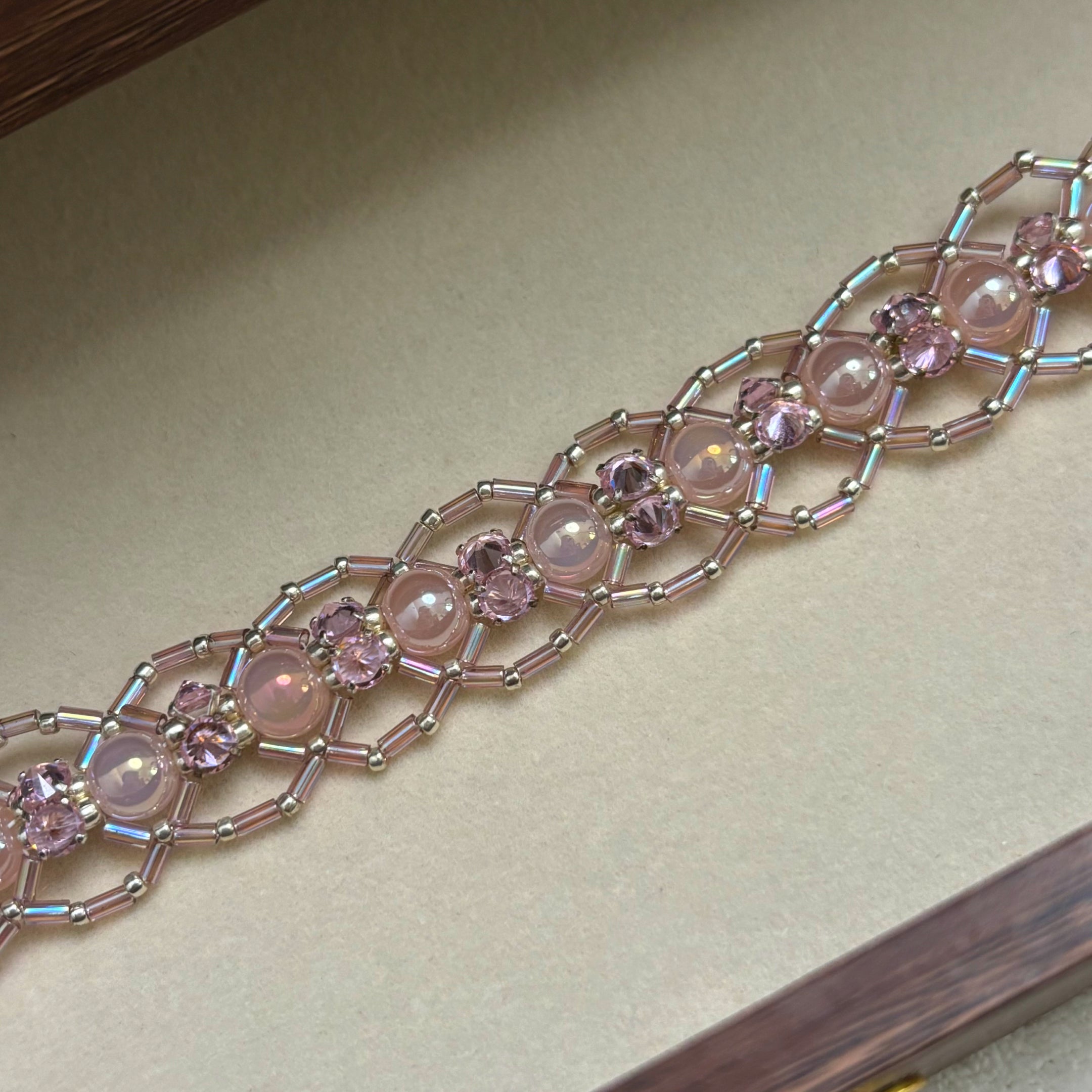 Elegant Pink Lace Bracelet | Dreamy Crystal Pearl & Zirconia Beadwork with Miyuki Bugle Accents