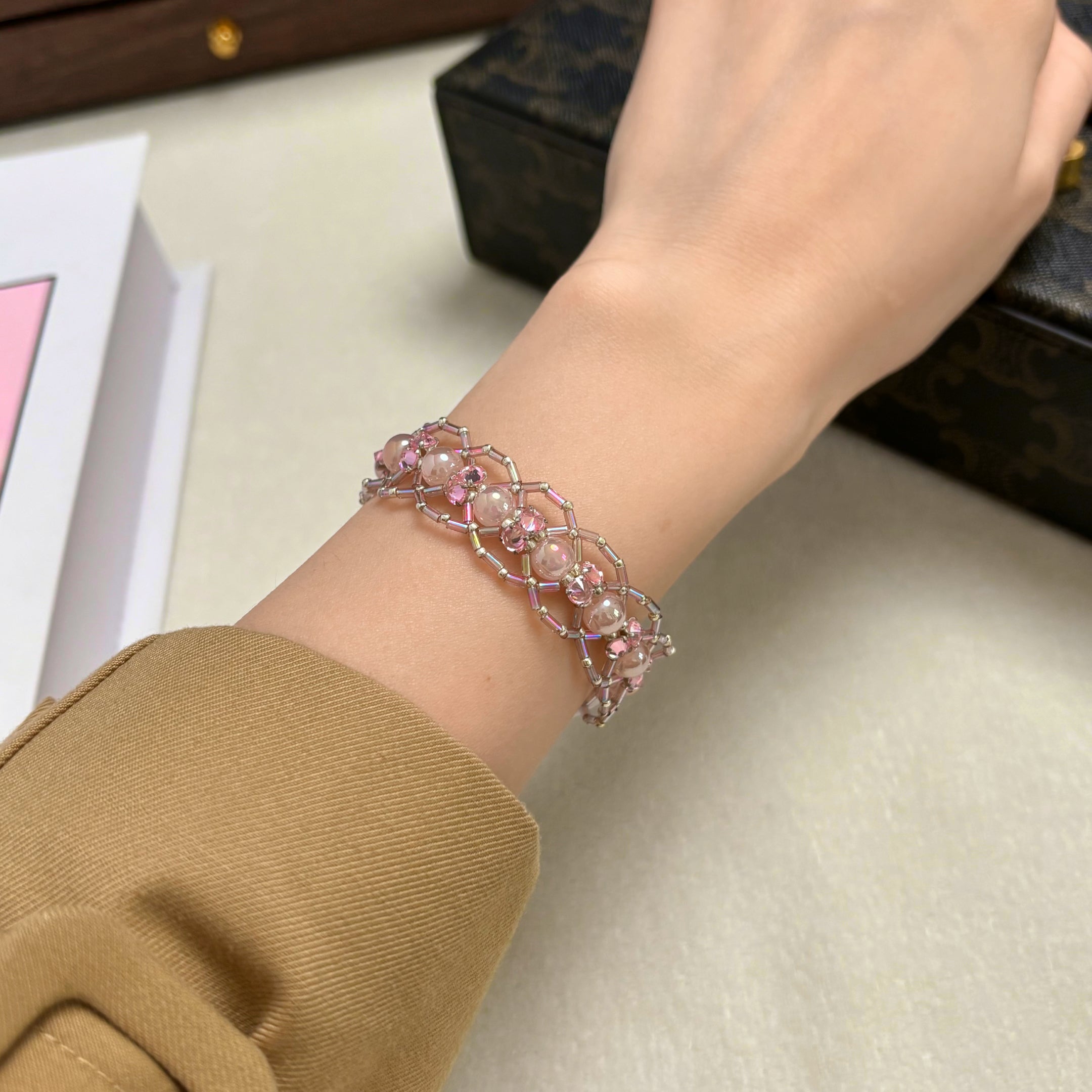 Elegant Pink Lace Bracelet | Dreamy Crystal Pearl & Zirconia Beadwork with Miyuki Bugle Accents