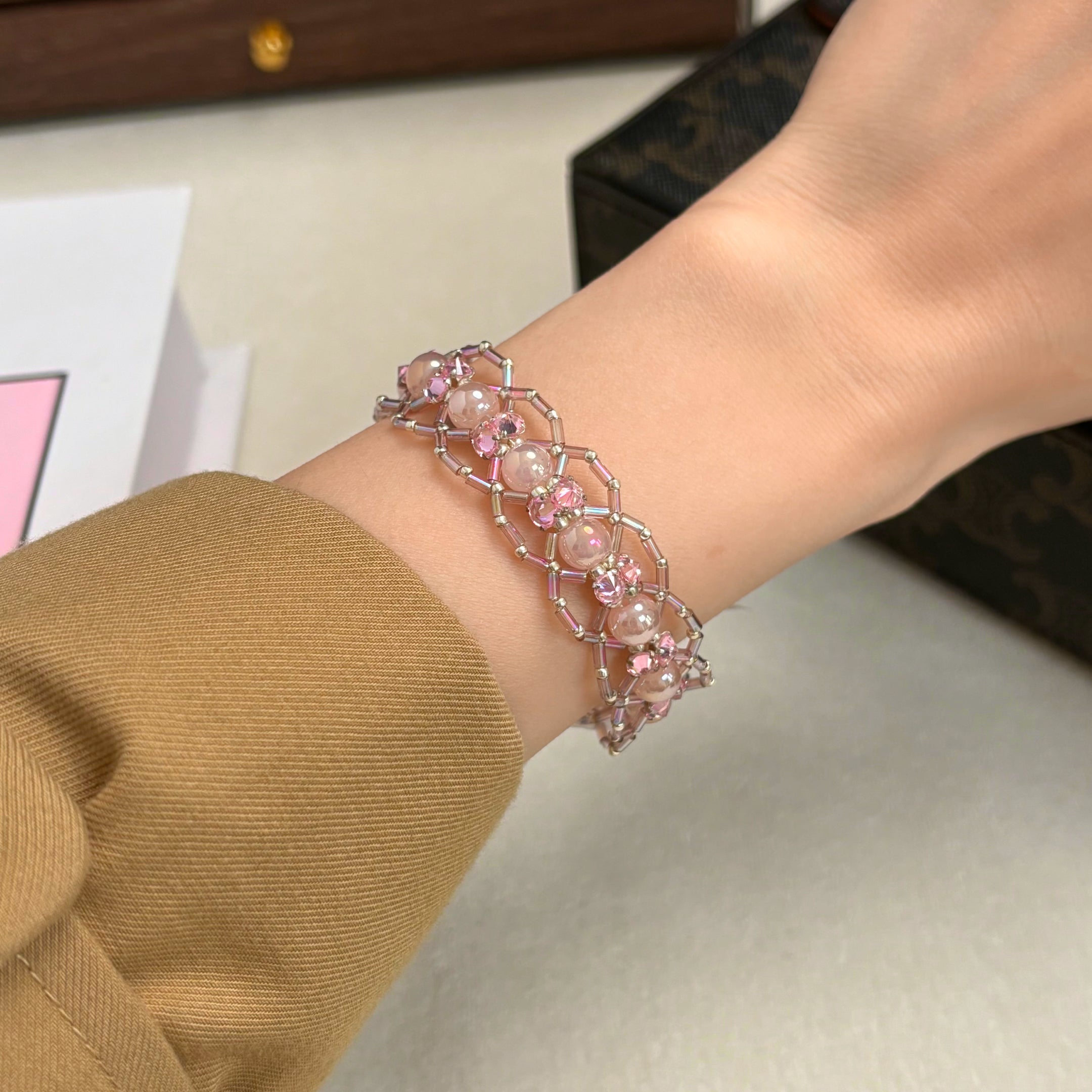 Elegant Pink Lace Bracelet | Dreamy Crystal Pearl & Zirconia Beadwork with Miyuki Bugle Accents