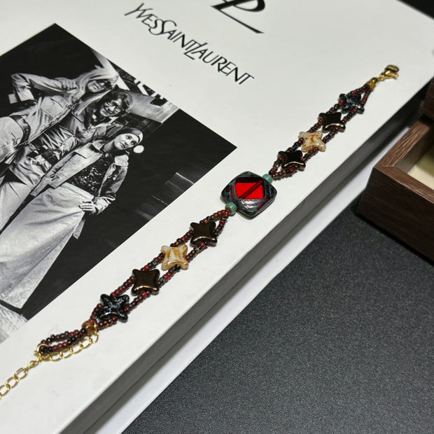 Vintage Picasso Czech Glass Bracelet - Square Centerpiece, Four-Pointed Star & Artisan Seed Bead Weave