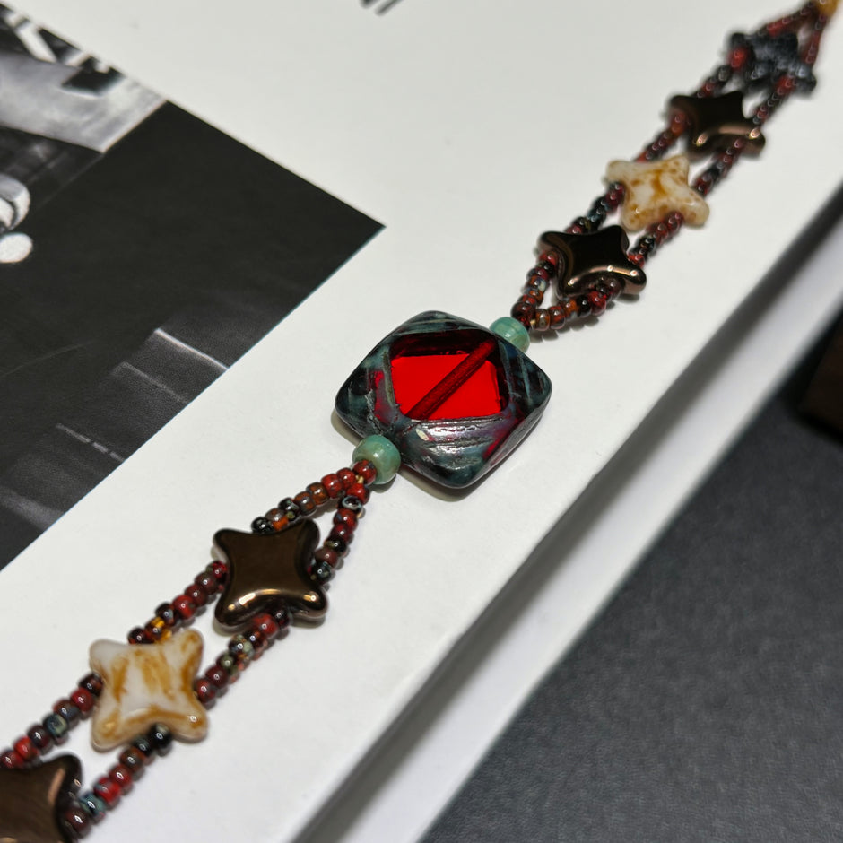 Vintage Picasso Czech Glass Bracelet - Square Centerpiece, Four-Pointed Star & Artisan Seed Bead Weave