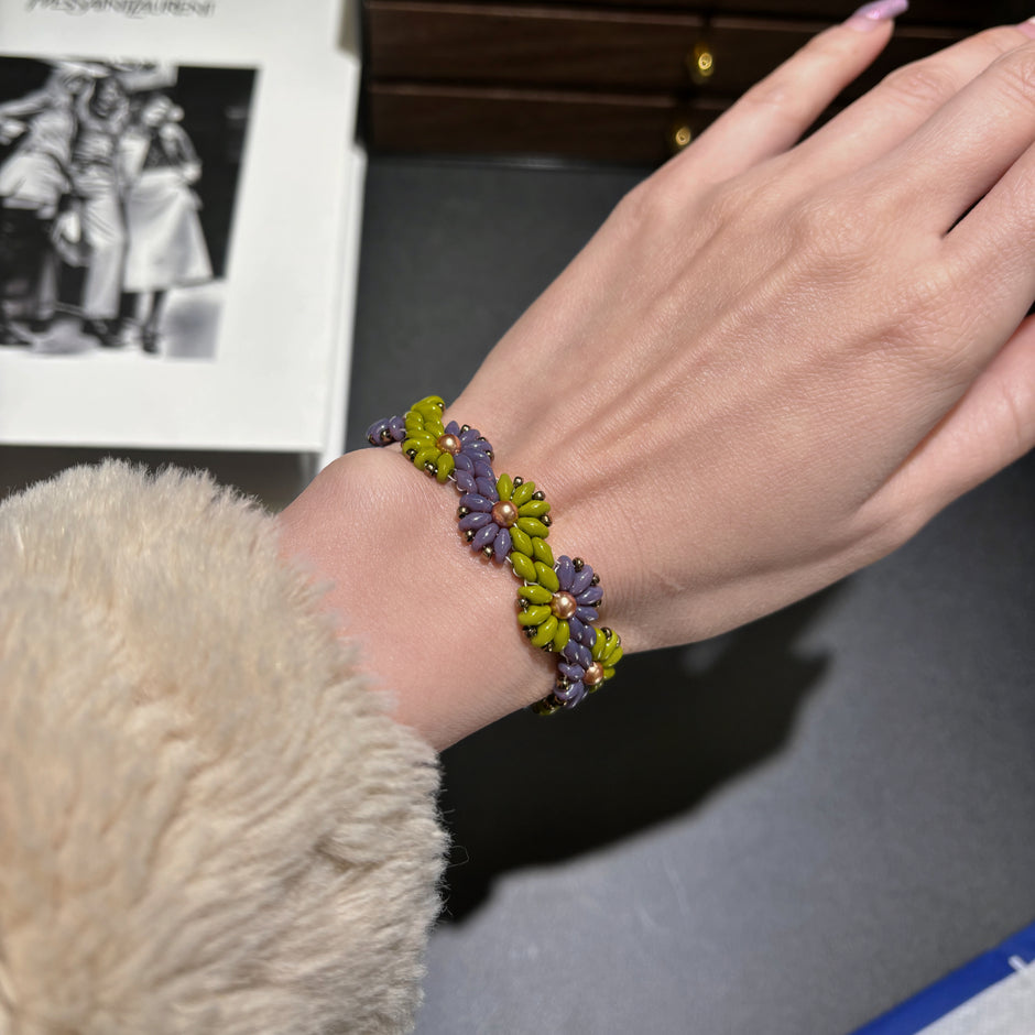 Bicolor Sunflower Bloom | Czech Super Duo, SW Pearl & Miyuki Bronze Seed Bead Bracelet