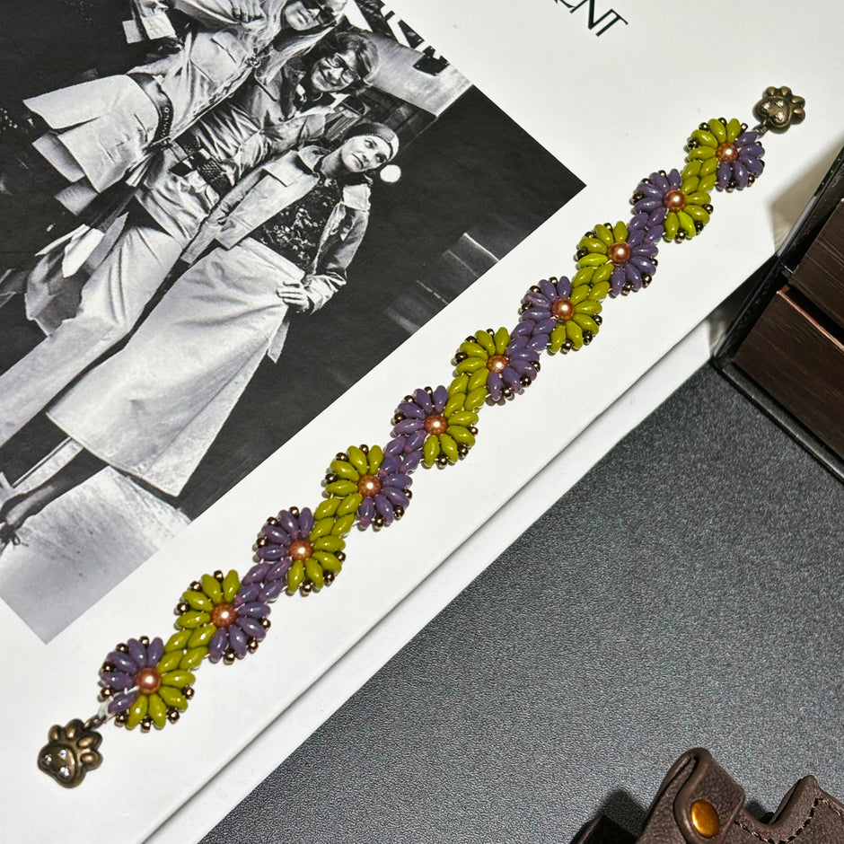 Bicolor Sunflower Bloom | Czech Super Duo, SW Pearl & Miyuki Bronze Seed Bead Bracelet