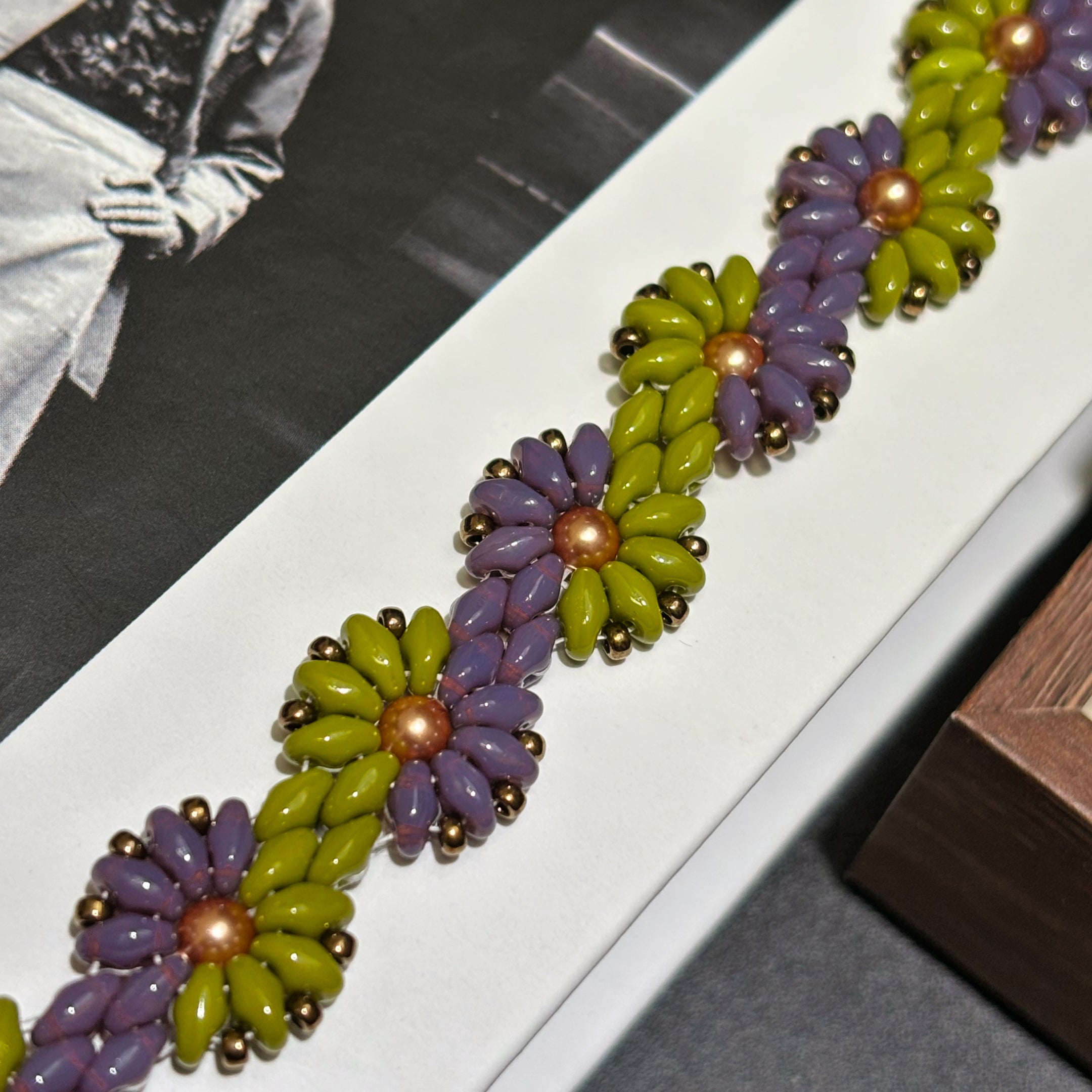 Bicolor Sunflower Bloom | Czech Super Duo, SW Pearl & Miyuki Bronze Seed Bead Bracelet