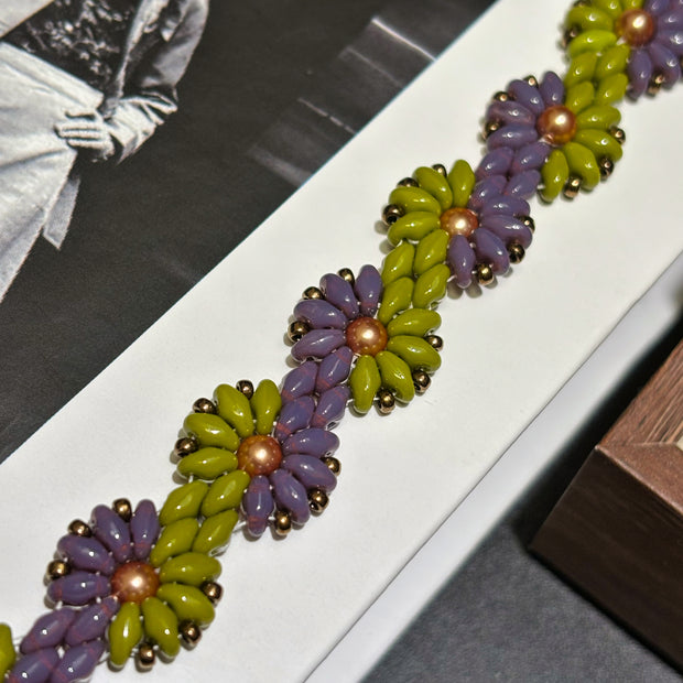 Bicolor Sunflower Bloom | Czech Super Duo, SW Pearl & Miyuki Bronze Seed Bead Bracelet