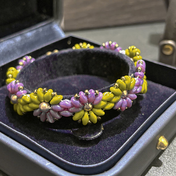 Bicolor Sunflower Bloom | Czech Super Duo, SW Pearl & Miyuki Bronze Seed Bead Bracelet