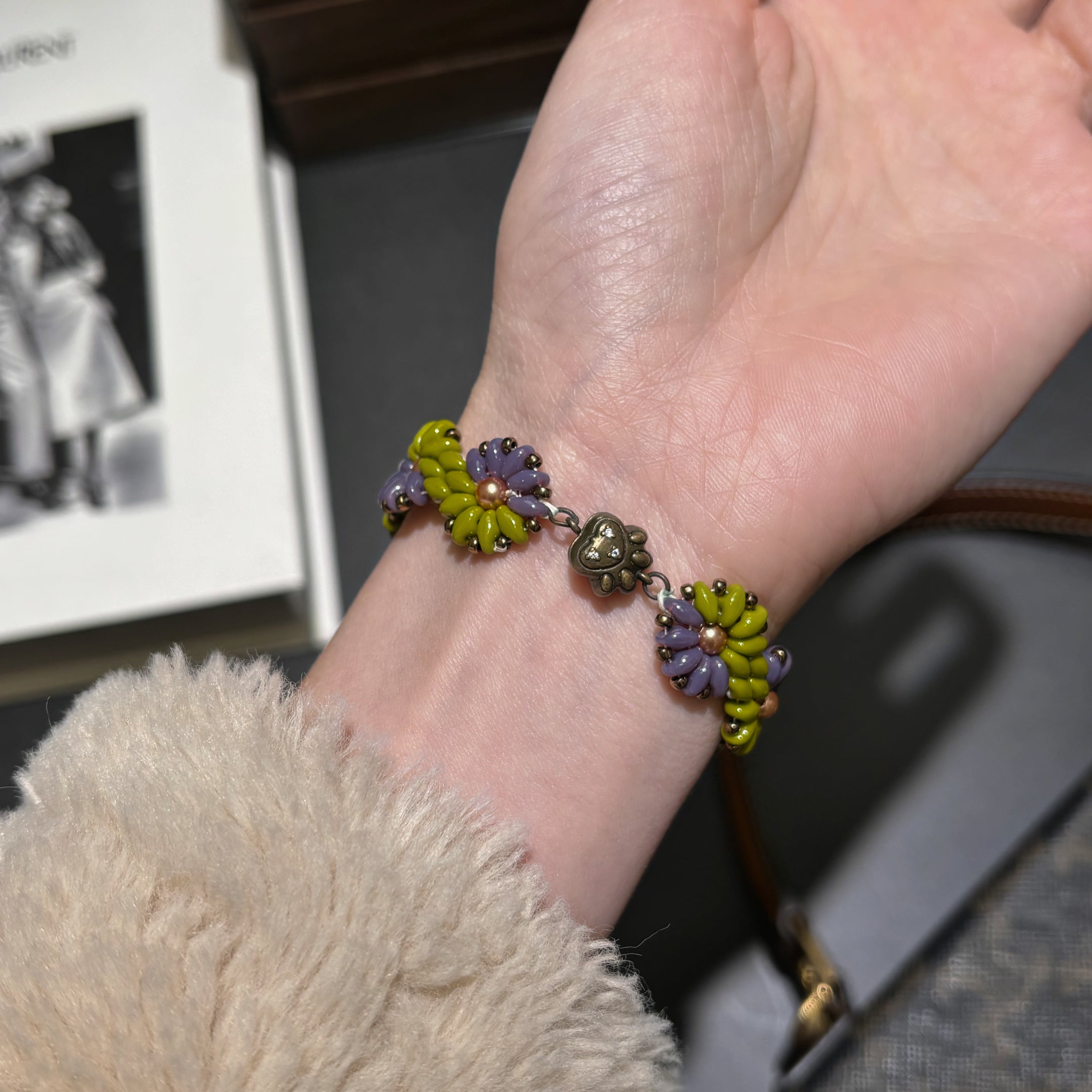 Bicolor Sunflower Bloom | Czech Super Duo, SW Pearl & Miyuki Bronze Seed Bead Bracelet