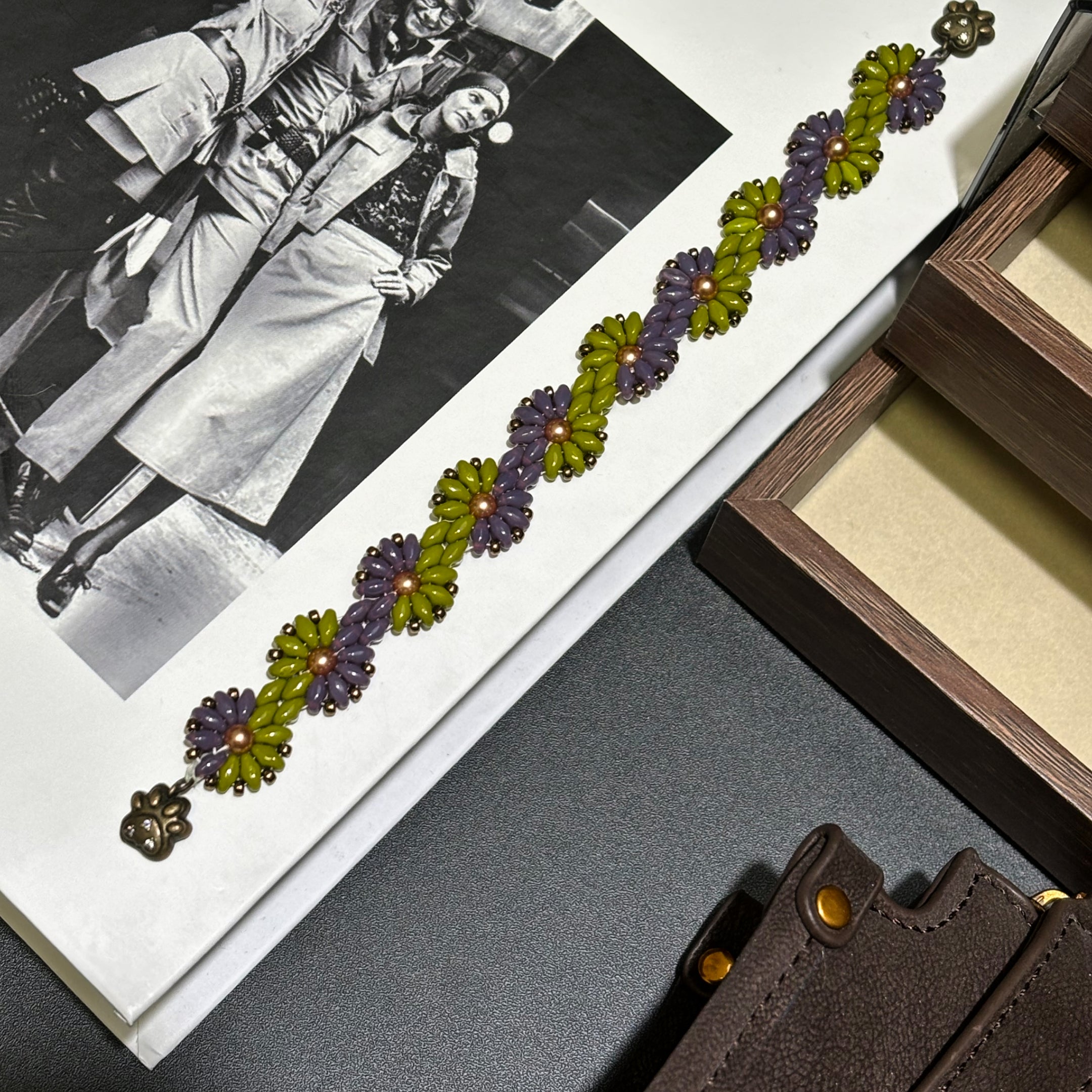 Bicolor Sunflower Bloom | Czech Super Duo, SW Pearl & Miyuki Bronze Seed Bead Bracelet