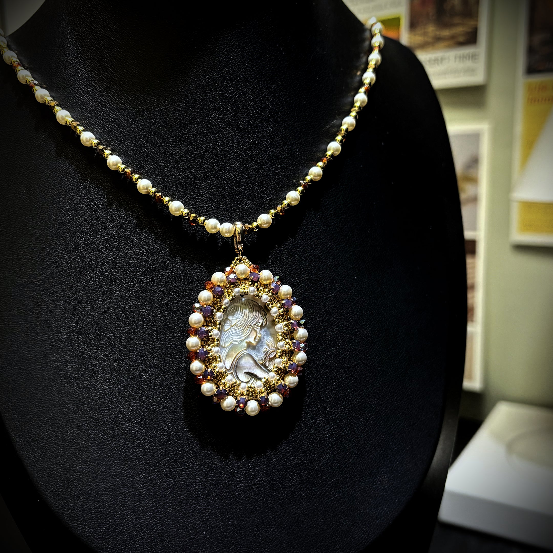 Cameo Goddess | Black Mother-of-Pearl Pendant Necklace with Swarovski Pearls & TOHO Seed Beads
