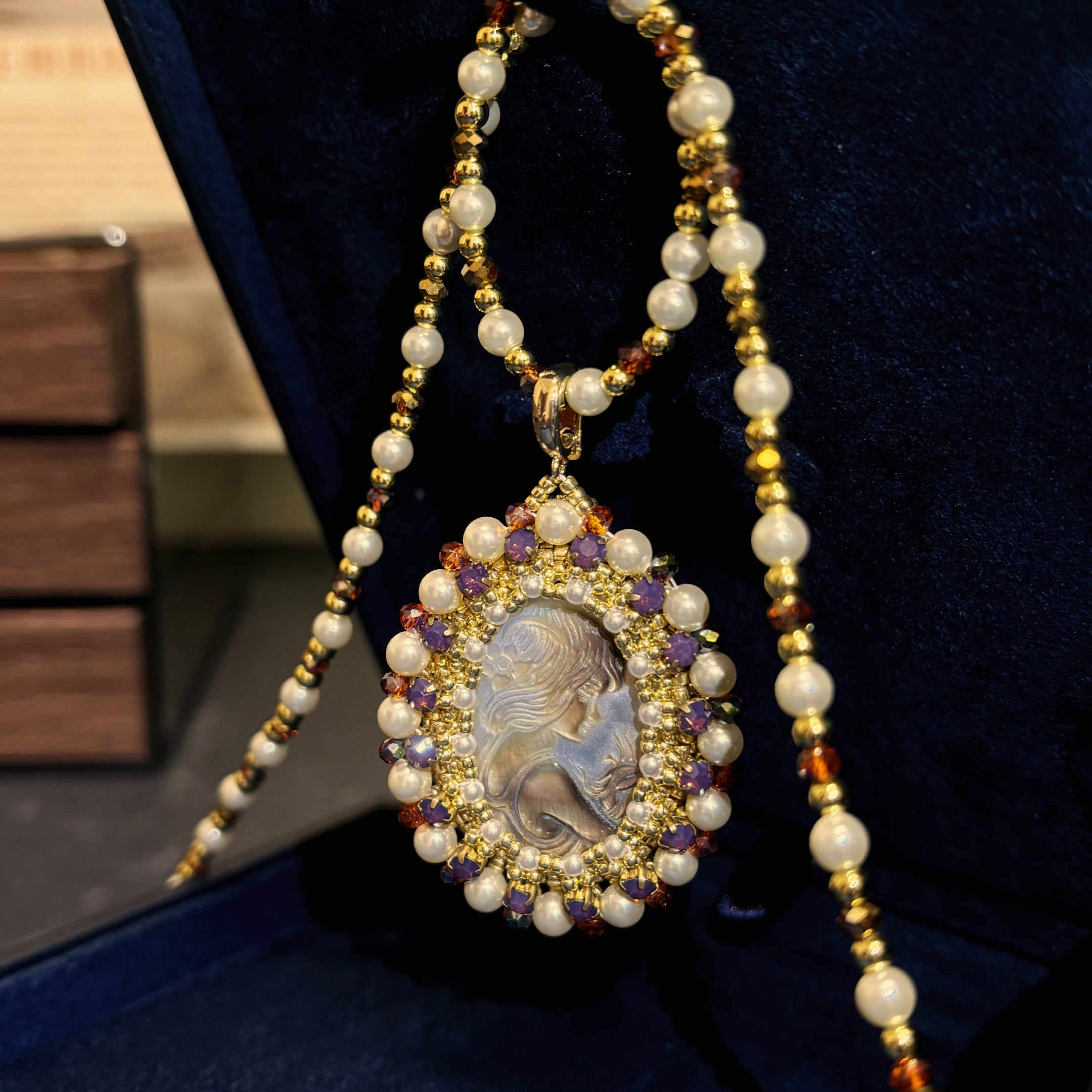 Cameo Goddess | Black Mother-of-Pearl Pendant Necklace with Swarovski Pearls & TOHO Seed Beads