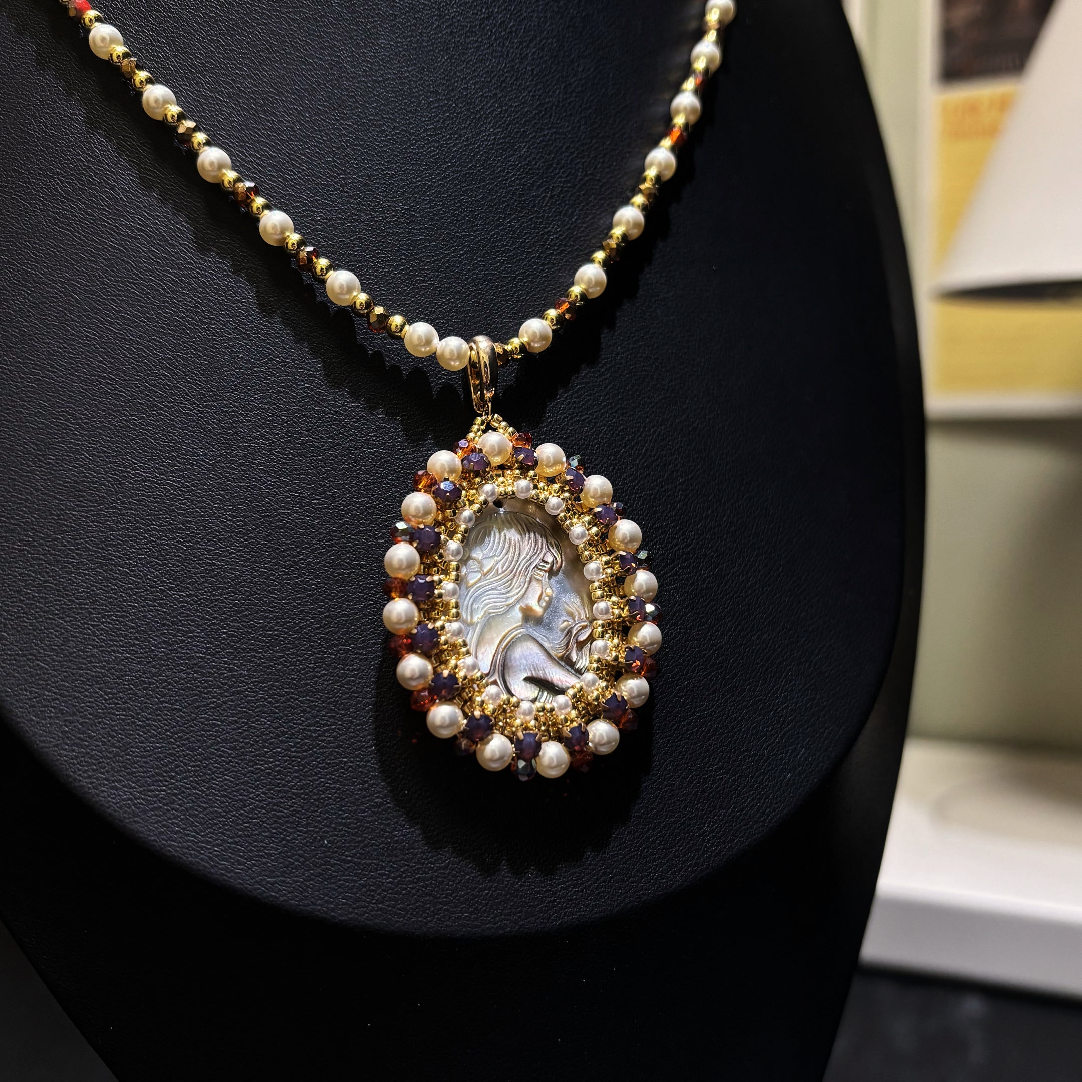 Cameo Goddess | Black Mother-of-Pearl Pendant Necklace with Swarovski Pearls & TOHO Seed Beads