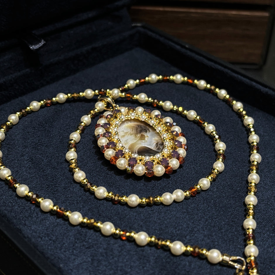 Cameo Goddess | Black Mother-of-Pearl Pendant Necklace with Swarovski Pearls & TOHO Seed Beads