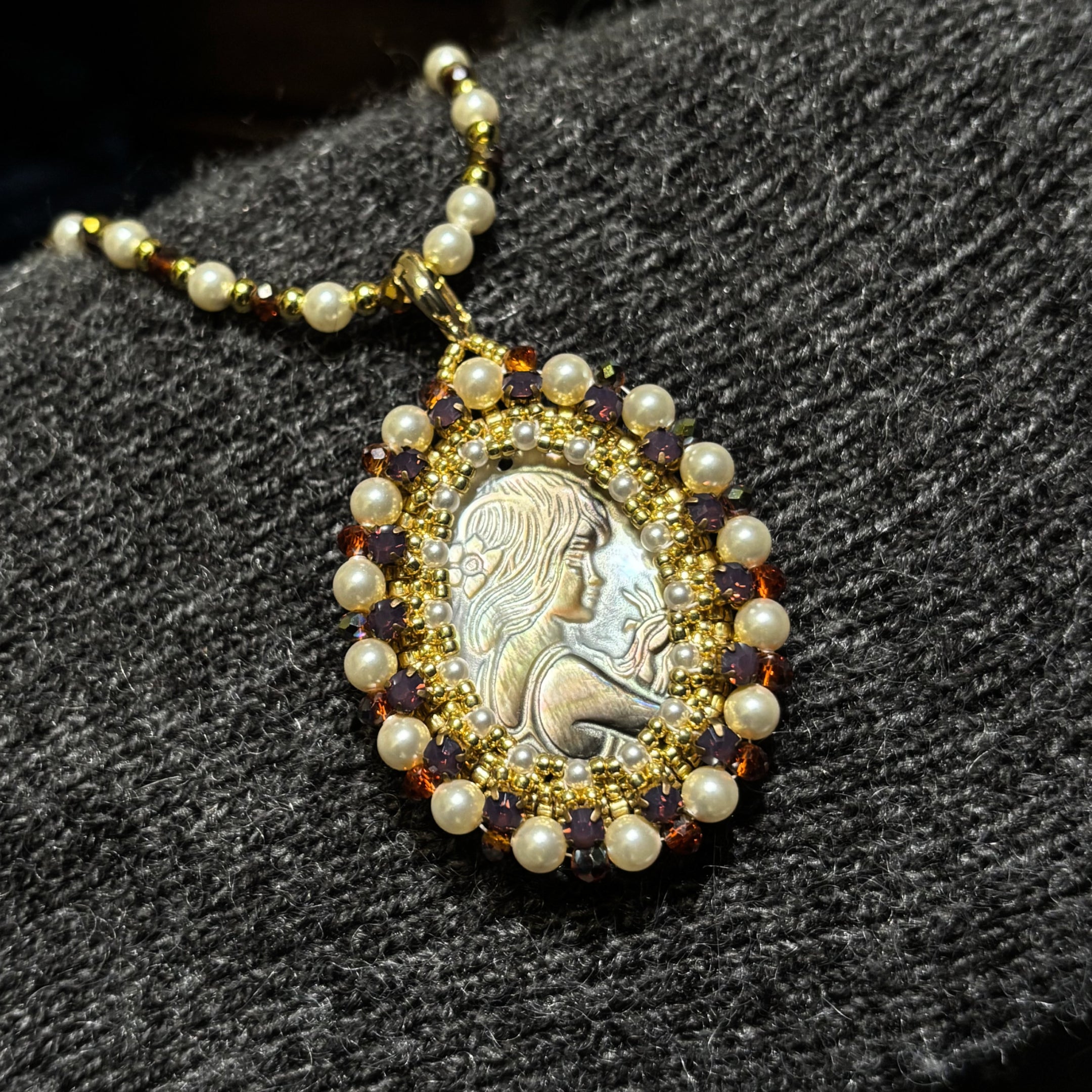 Cameo Goddess | Black Mother-of-Pearl Pendant Necklace with Swarovski Pearls & TOHO Seed Beads