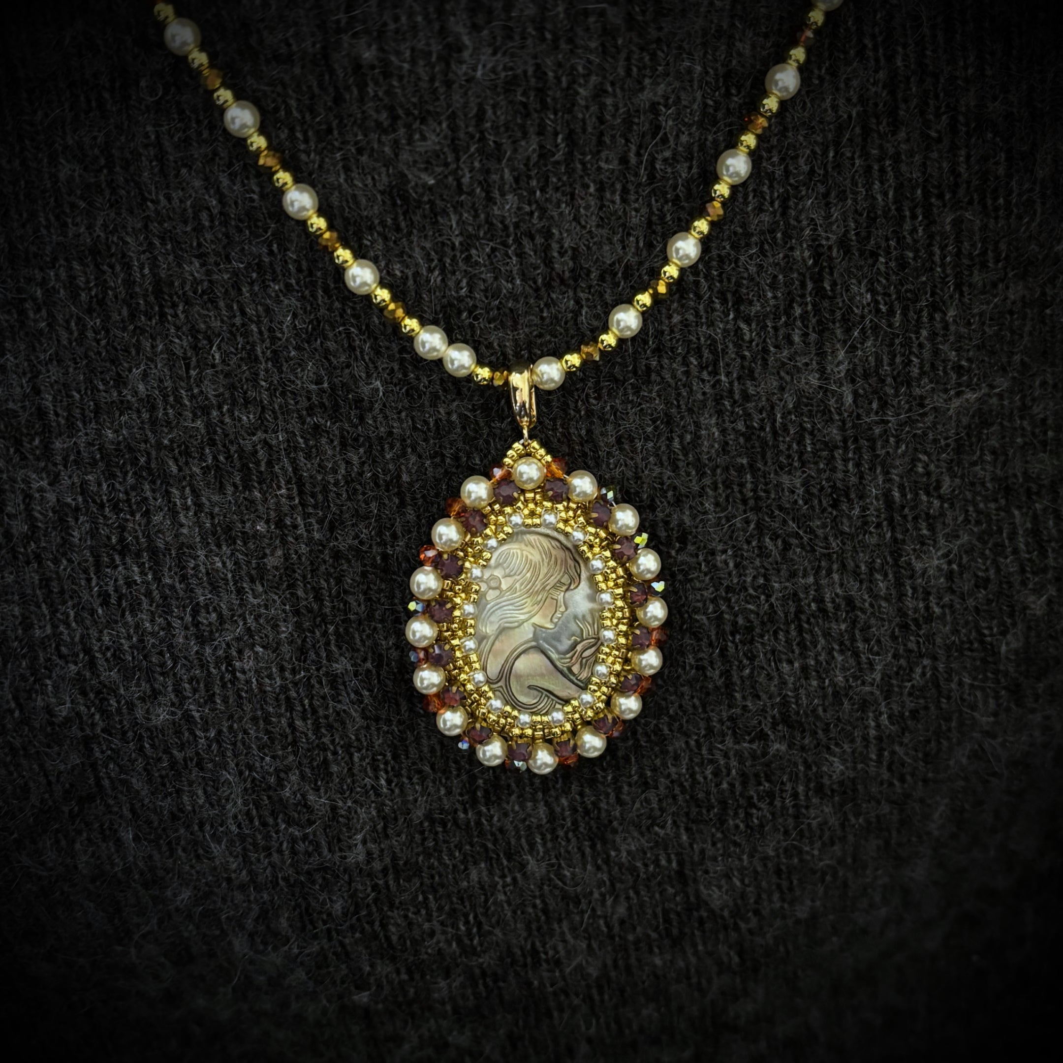 Cameo Goddess | Black Mother-of-Pearl Pendant Necklace with Swarovski Pearls & TOHO Seed Beads