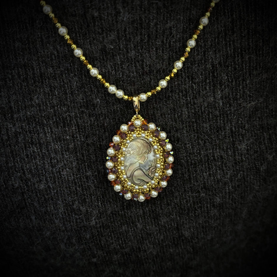 Cameo Goddess | Black Mother-of-Pearl Pendant Necklace with Swarovski Pearls & TOHO Seed Beads