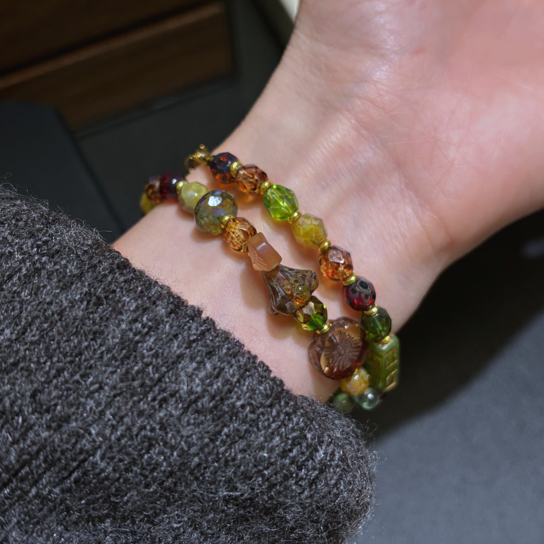 Convertible Fire-Polished Czech Glass Jewelry - Dual-Wear Choker & Double Layer Bracelet