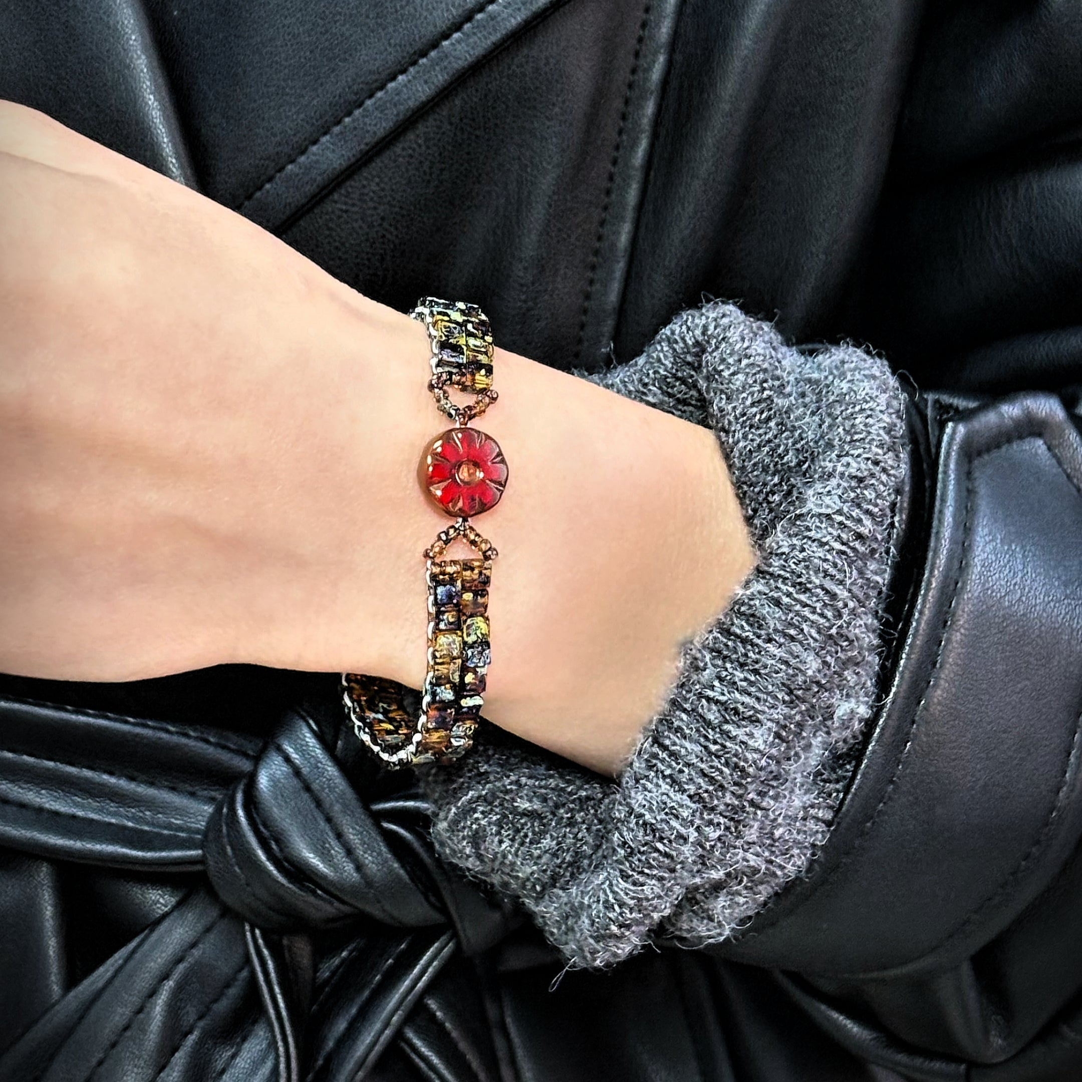 Artisan Picasso Czech Glass Bracelet - Handwoven Square Center Bead & Retro Red Floral Accent