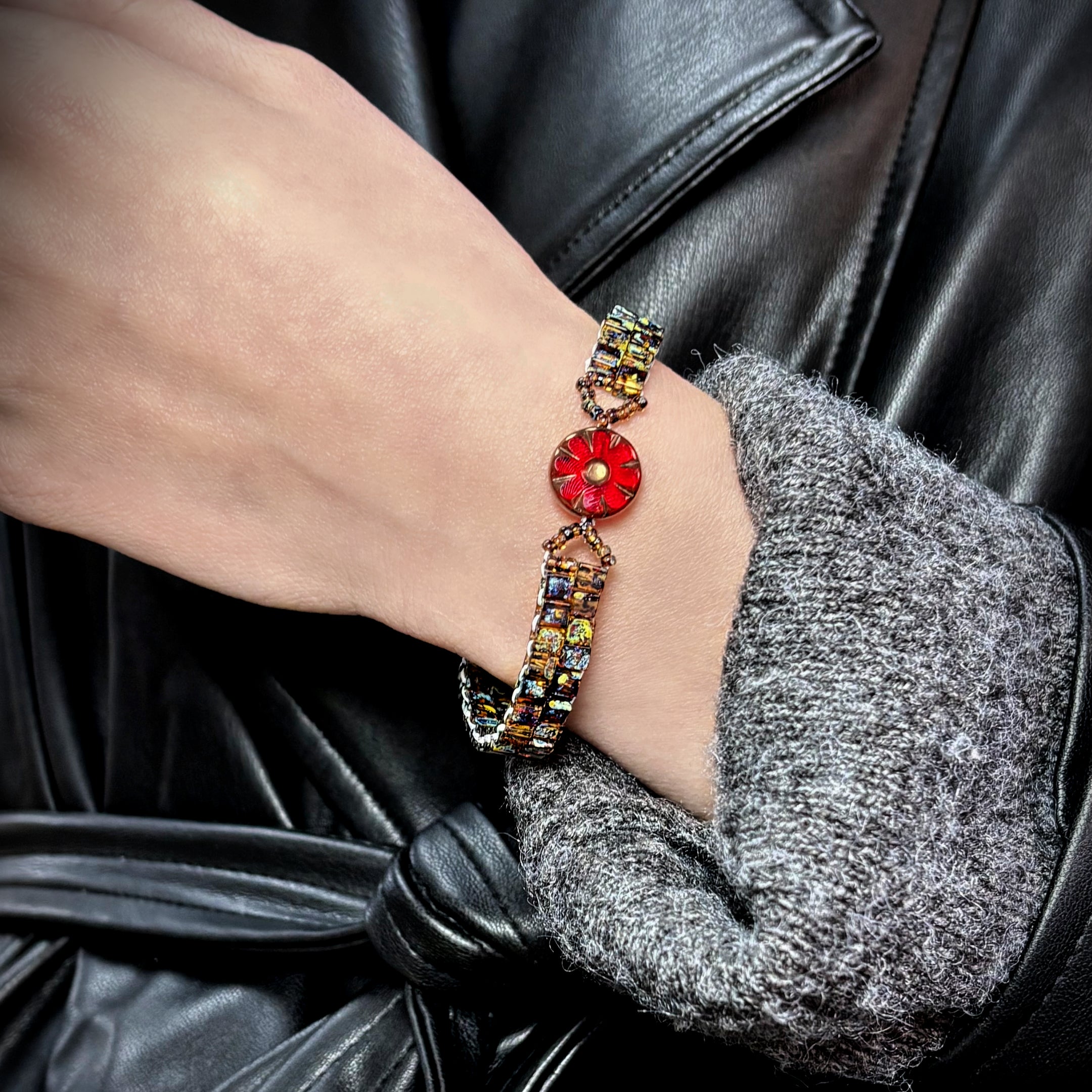 Artisan Picasso Czech Glass Bracelet - Handwoven Square Center Bead & Retro Red Floral Accent