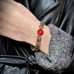 Artisan Picasso Czech Glass Bracelet - Handwoven Square Center Bead & Retro Red Floral Accent
