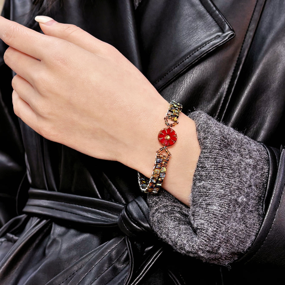 Artisan Picasso Czech Glass Bracelet - Handwoven Square Center Bead & Retro Red Floral Accent