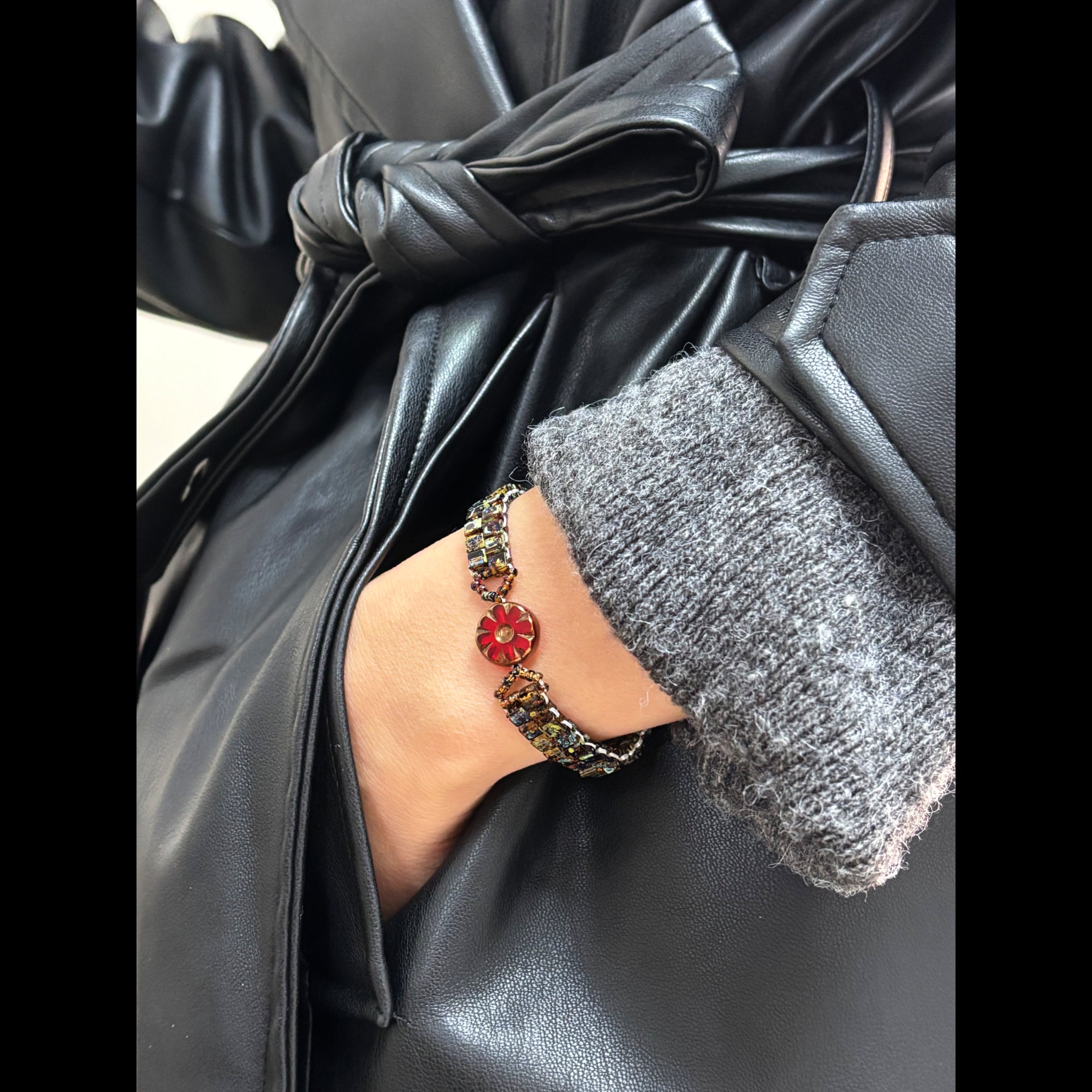 Artisan Picasso Czech Glass Bracelet - Handwoven Square Center Bead & Retro Red Floral Accent