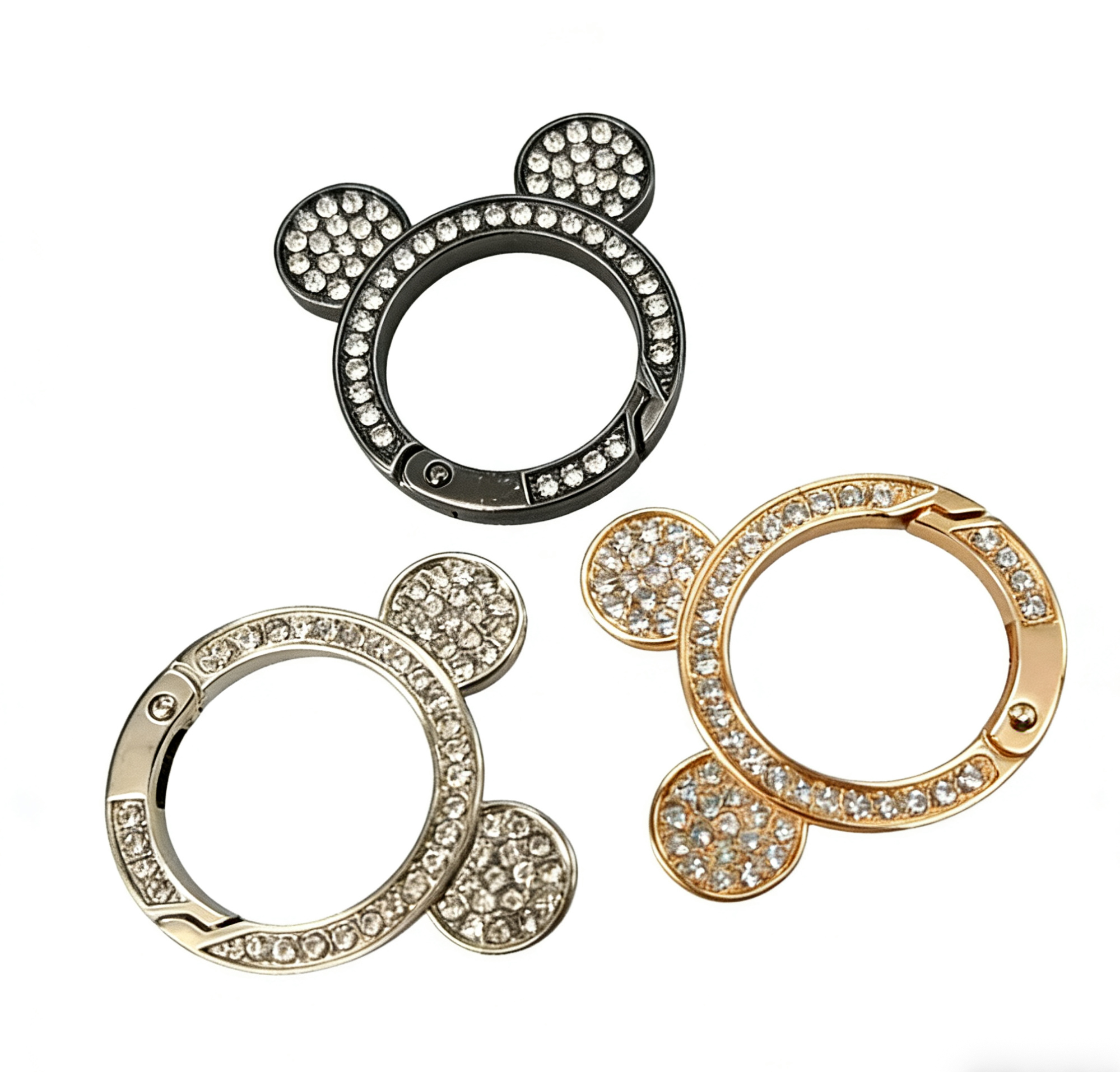 Mickey Ear Rhinestone Spring Gate Rings - 25mm Bling Mouse Head Carabiner