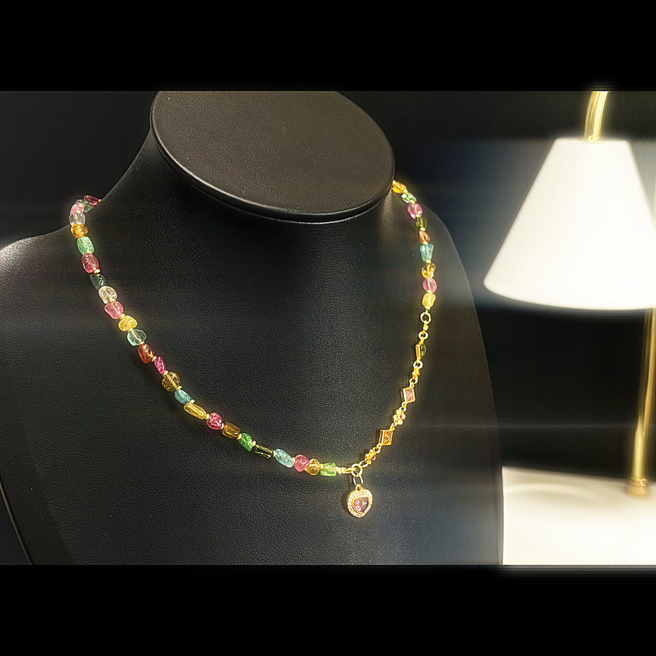 (N1) Natural Tourmaline Heart Pendant Gold Necklace