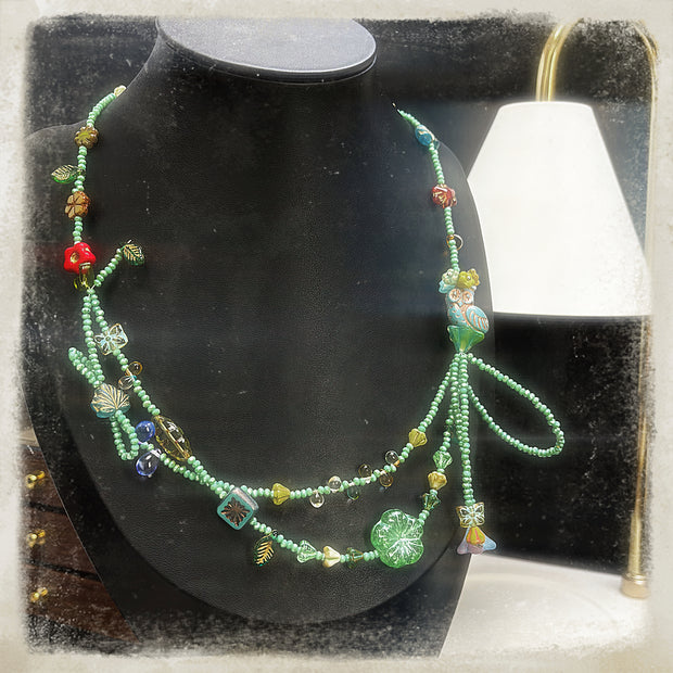 (N3) Mint Czech Glass Cutie Owl with bow designed Beaded Necklace