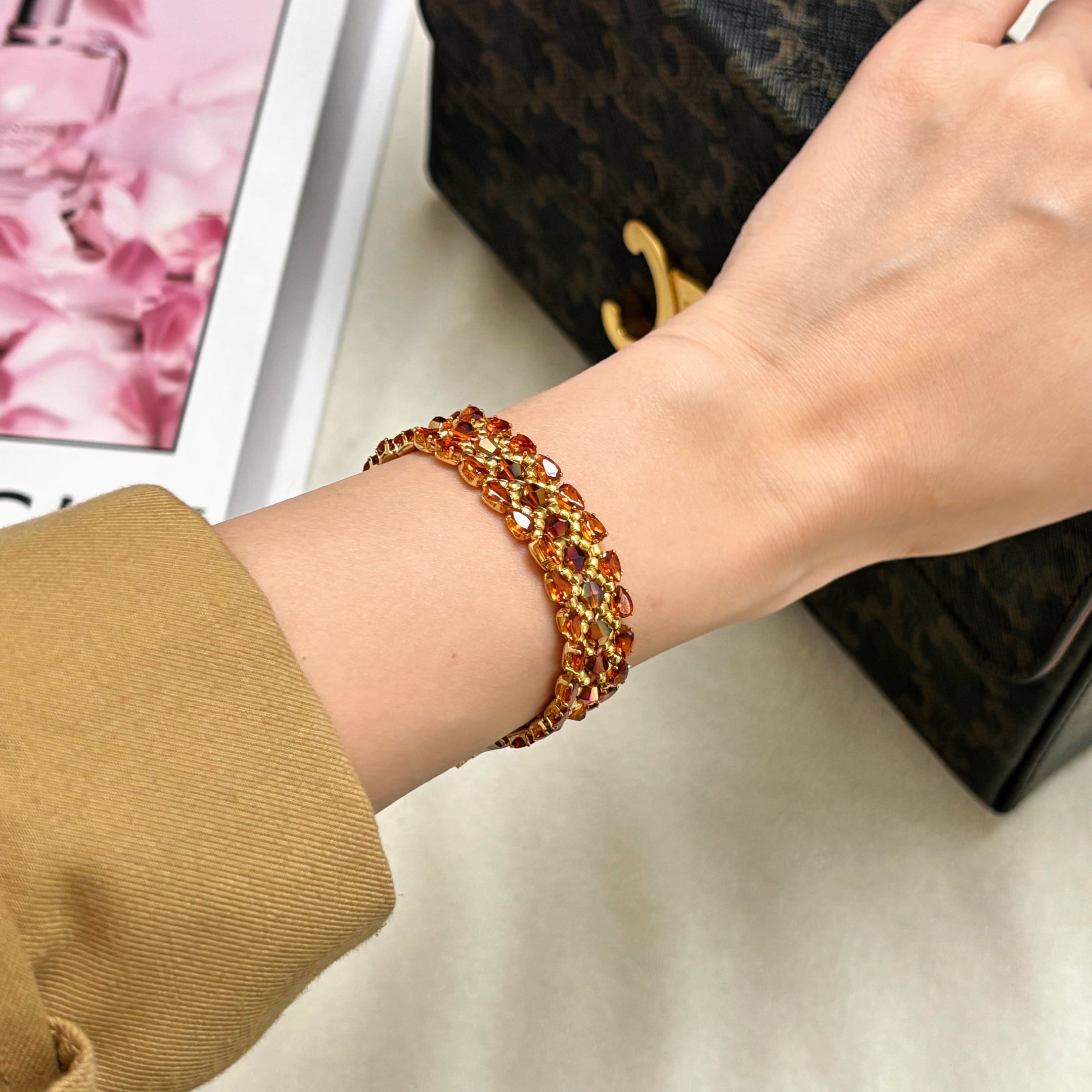 Amber Sunset Artisan Bracelet | Picasso Crystal Bicone & Toho Beadwork with 18K Gold Pave Clasp