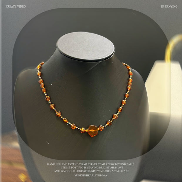 (N11) Amber Czech Glass Heart-Designed Necklace
