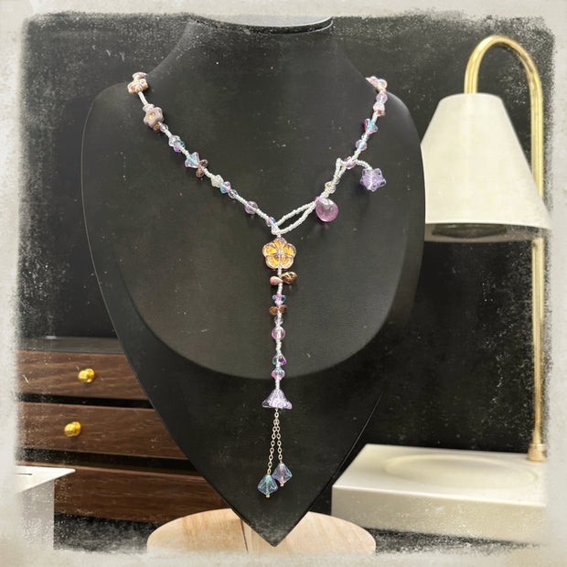 (N13) Czech Glass Lilac Clear Flower Y-Drop Handmade Necklace