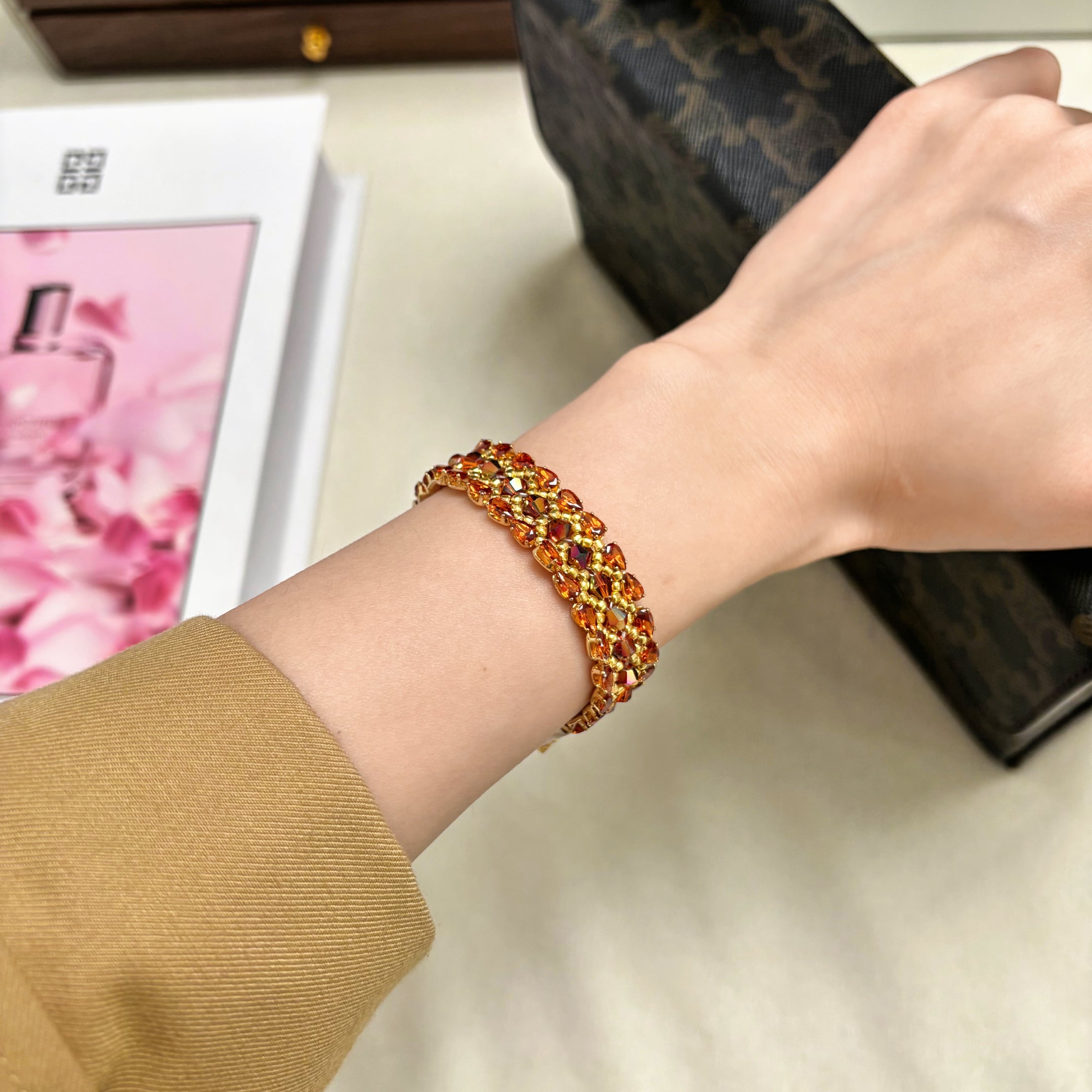 Amber Sunset Artisan Bracelet | Picasso Crystal Bicone & Toho Beadwork with 18K Gold Pave Clasp