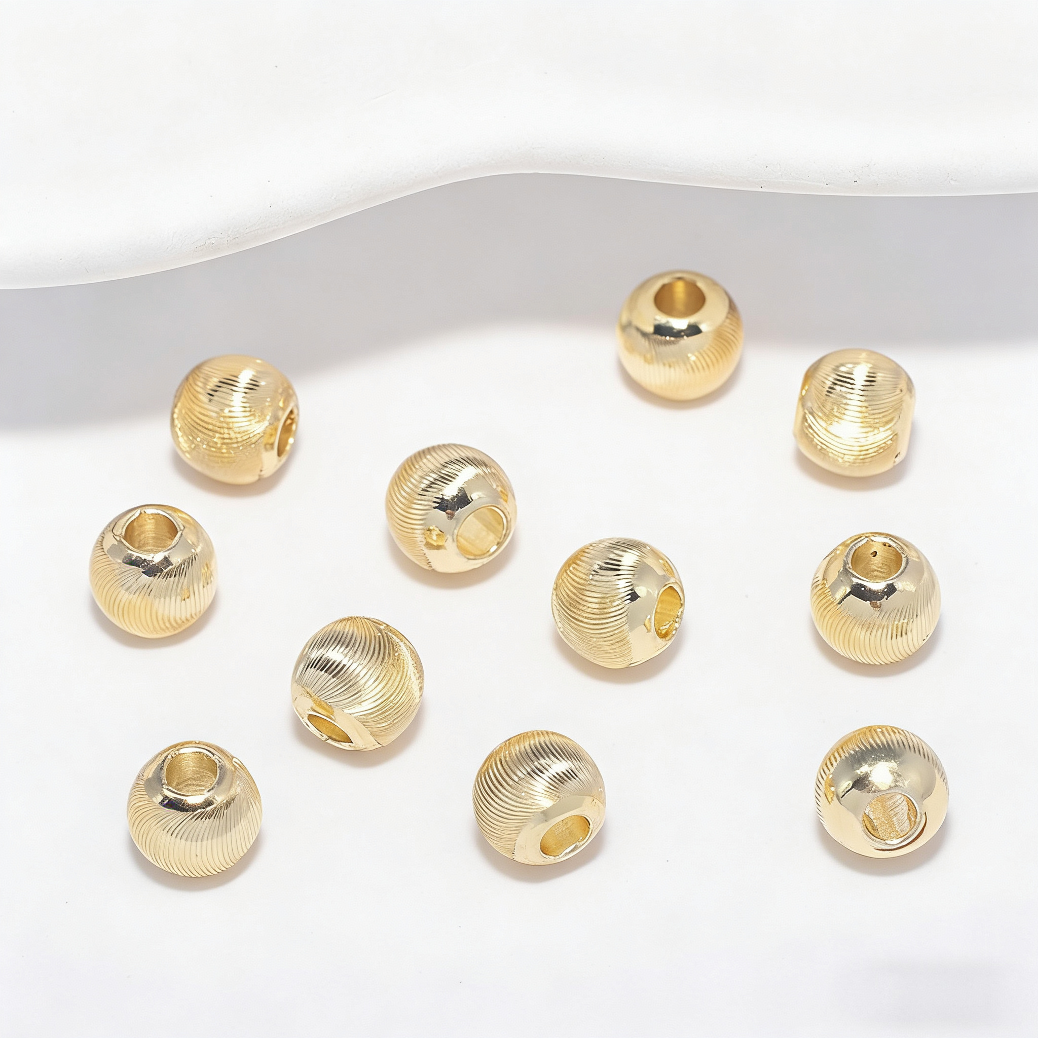 (JF15) 18K Real Gold Plated Faceted Cat-Eye Beads - Textured Round Spacer Beads for Jewelry Making