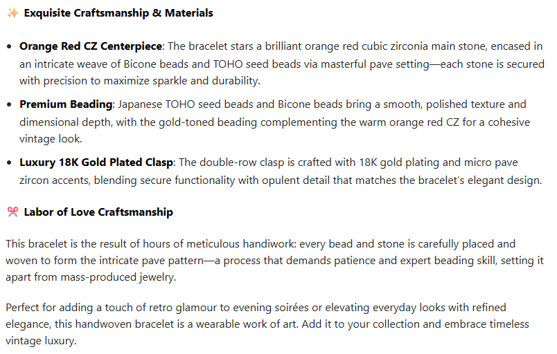 Vintage Ruby Glow | Handwoven Orange Red CZ Paved Bracelet with Bicone, TOHO Seed Beads & 18K Gold Plated Micro Pave Clasp