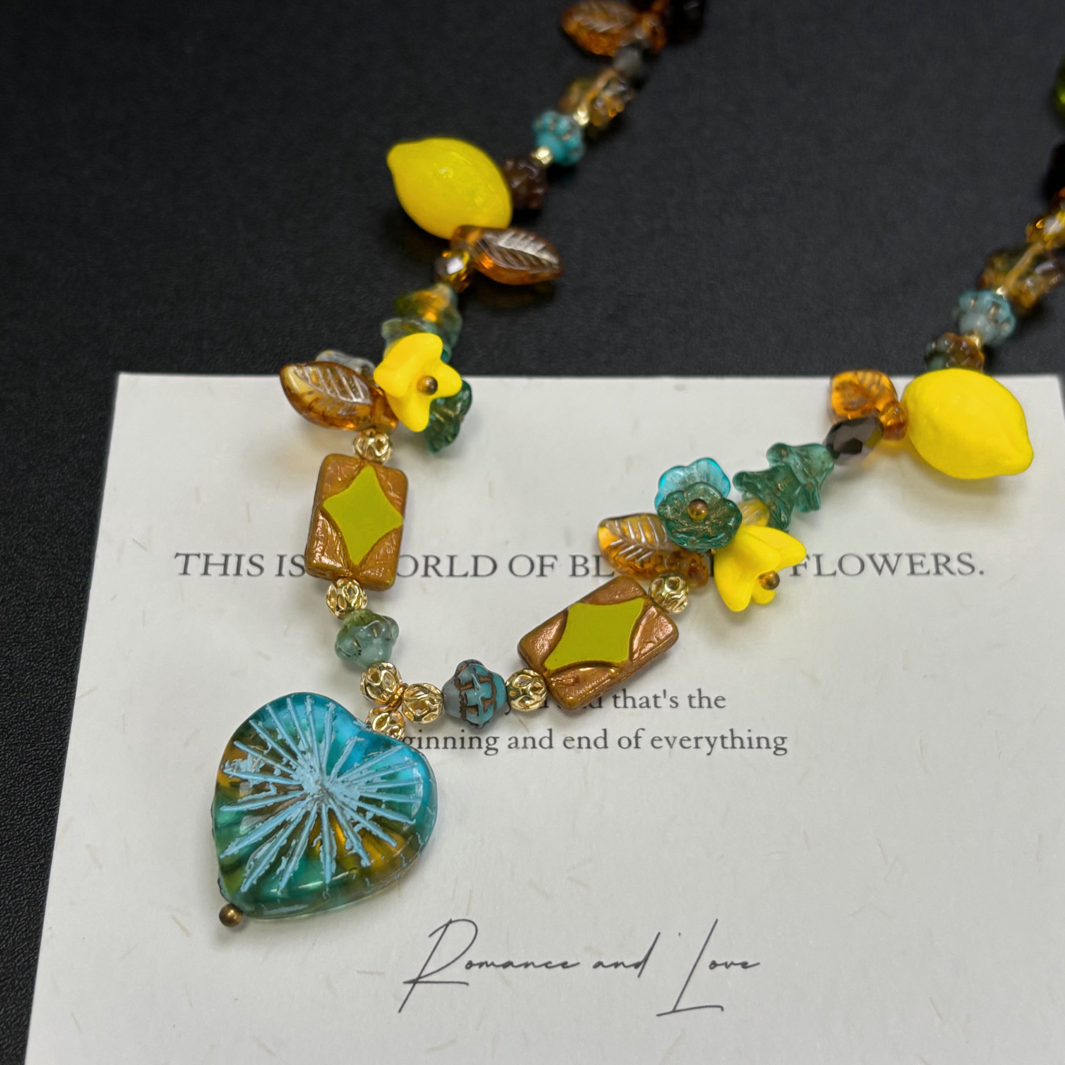 (N26) Summer Pastoral Czech Glass Heart Pendant Handmade Necklace