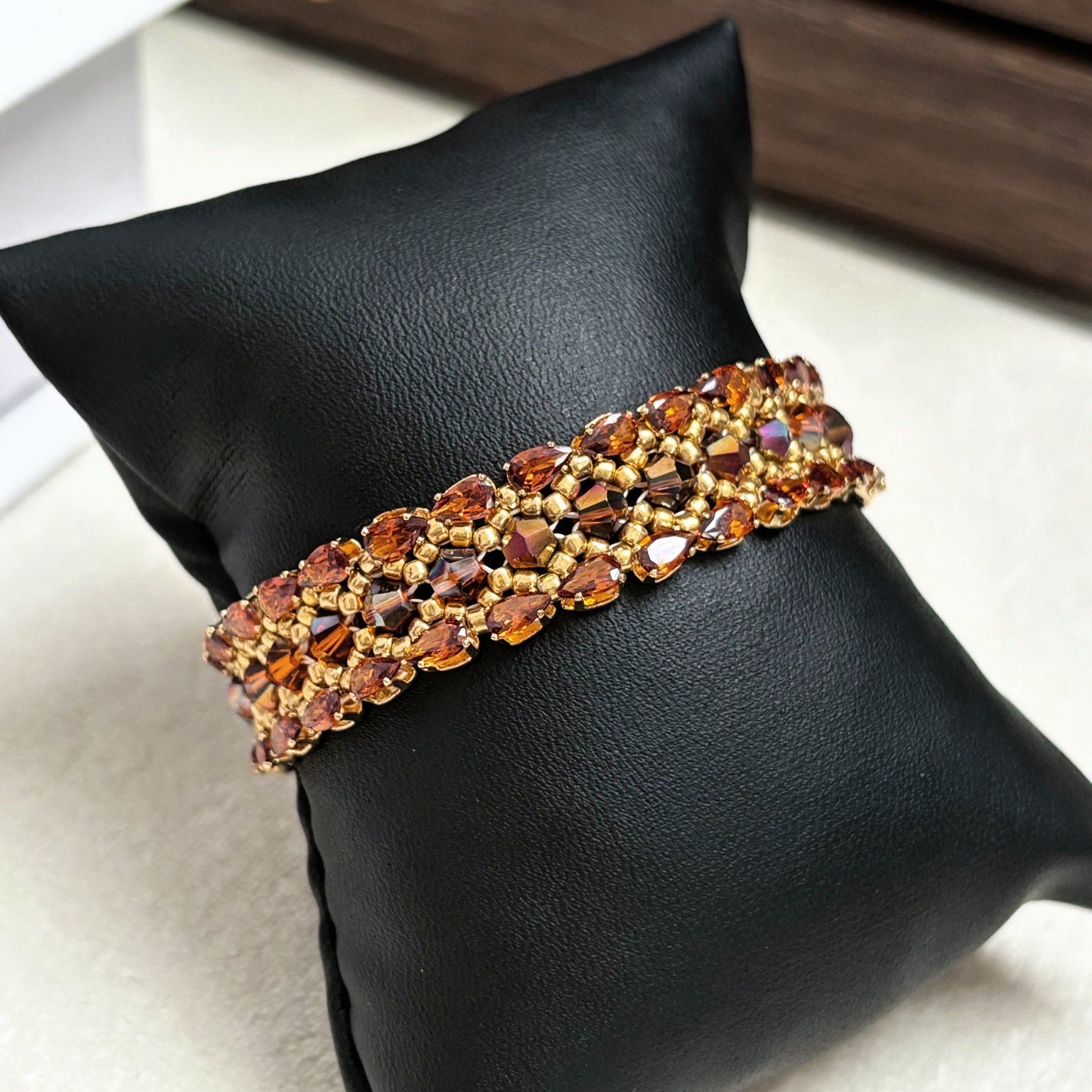 Amber Sunset Artisan Bracelet | Picasso Crystal Bicone & Toho Beadwork with 18K Gold Pave Clasp