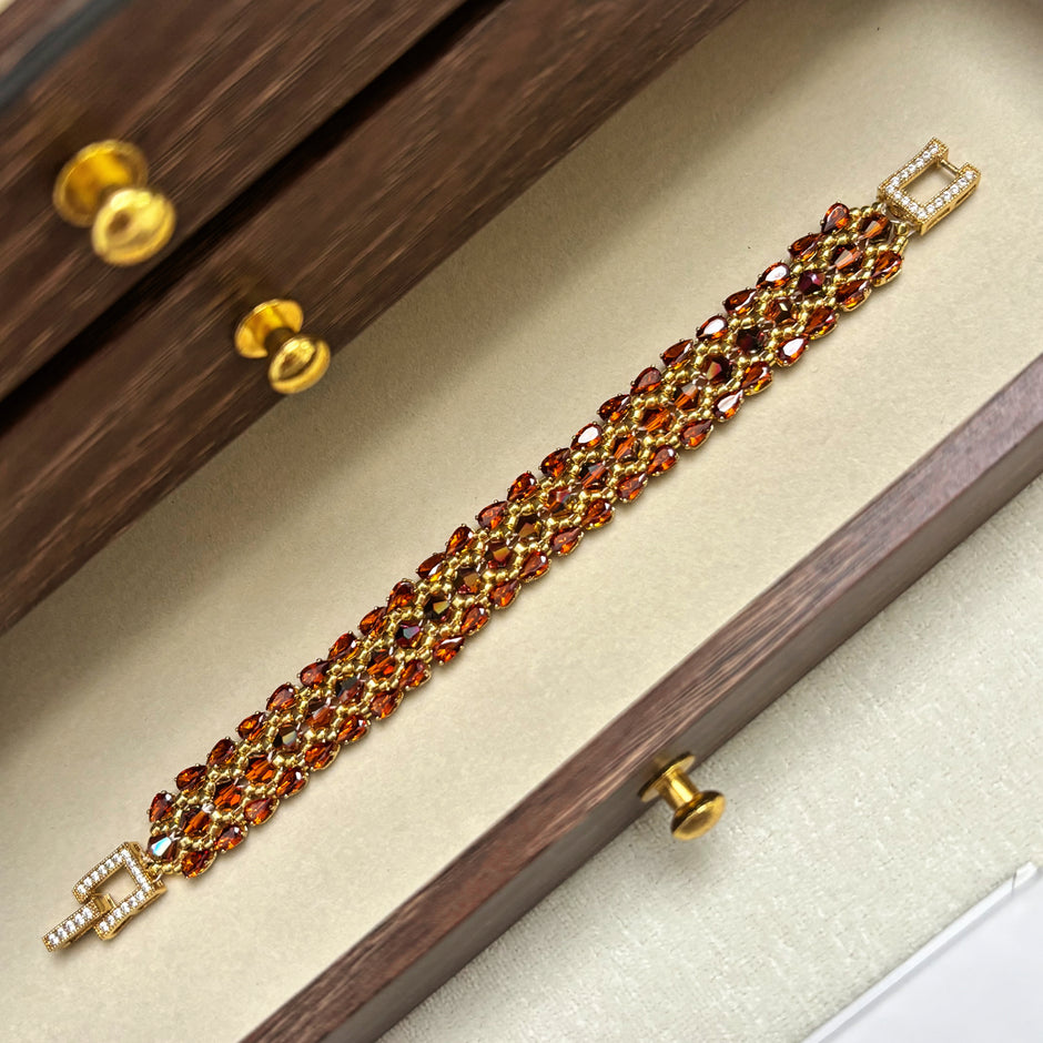 Amber Sunset Artisan Bracelet | Picasso Crystal Bicone & Toho Beadwork with 18K Gold Pave Clasp