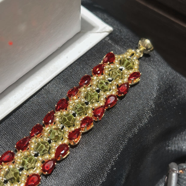 Teardrop Lattice - Artisan Picasso Bicone Red Zircon Bracelet (TOHO Seed Bead & Magnetic Clasp)
