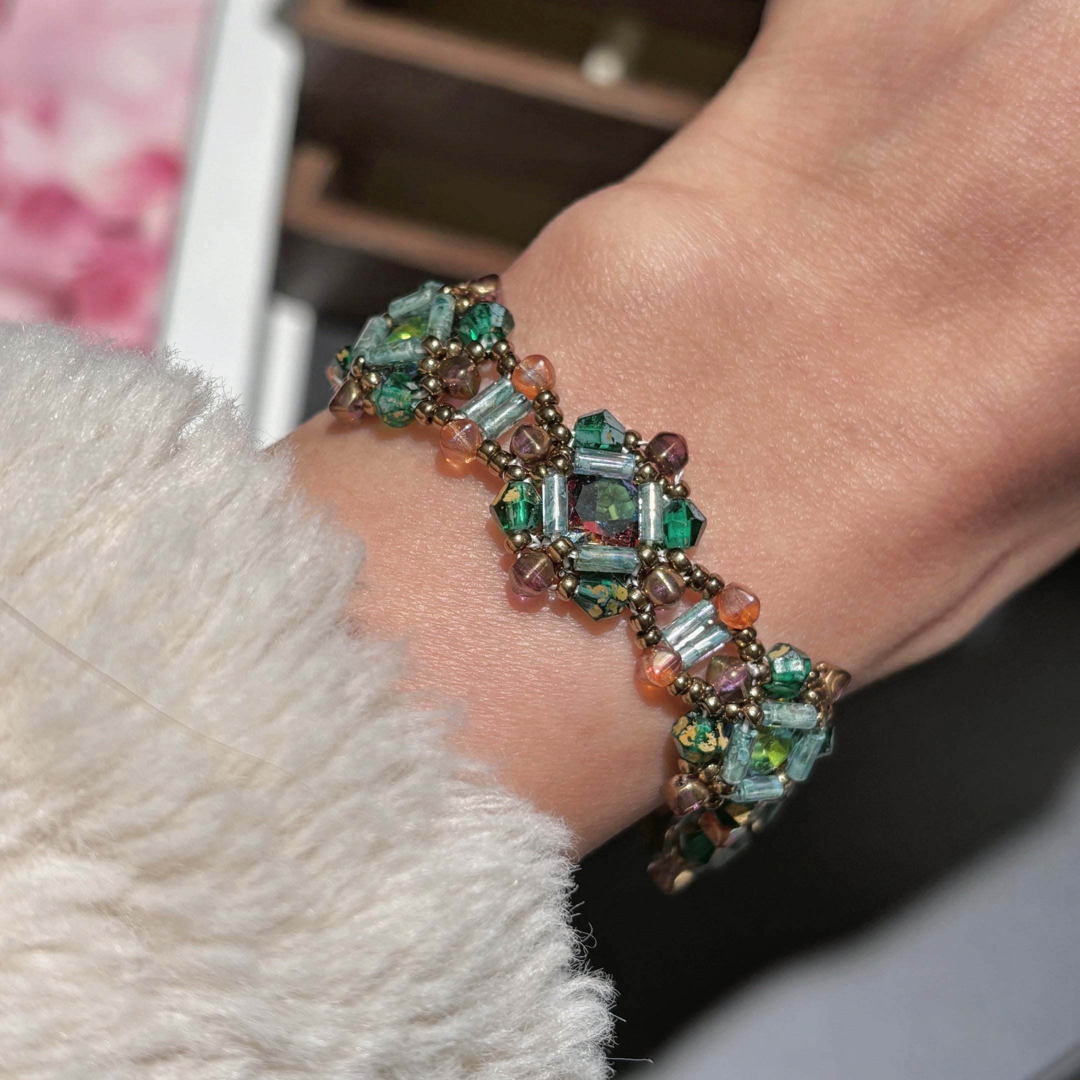 Vintage Verdigris Ghost Green CZ Paved Bracelet - Picasso Bicone Czech Glass & Antique Bronze Seed Bead Jewelry