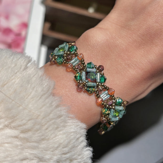 Vintage Verdigris Ghost Green CZ Paved Bracelet - Picasso Bicone Czech Glass & Antique Bronze Seed Bead Jewelry