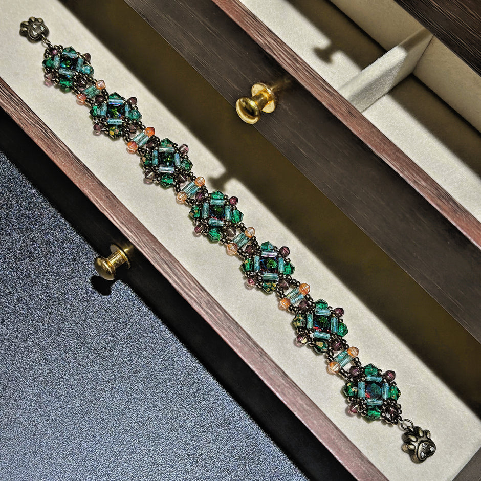 Vintage Verdigris Ghost Green CZ Paved Bracelet - Picasso Bicone Czech Glass & Antique Bronze Seed Bead Jewelry