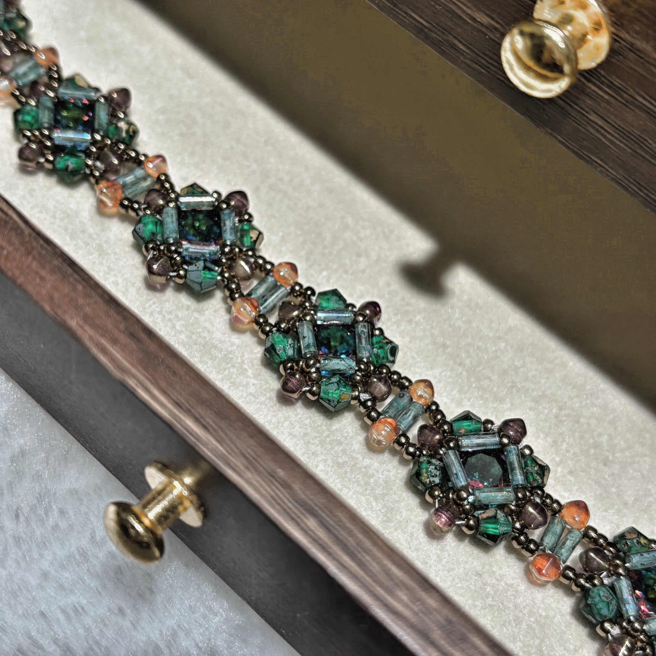 Vintage Verdigris Ghost Green CZ Paved Bracelet - Picasso Bicone Czech Glass & Antique Bronze Seed Bead Jewelry