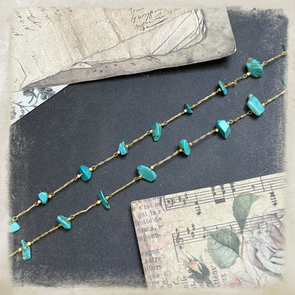 (JF21) Gold Turquoise Stone Chain - Loose Beaded Chain for DIY Crafts