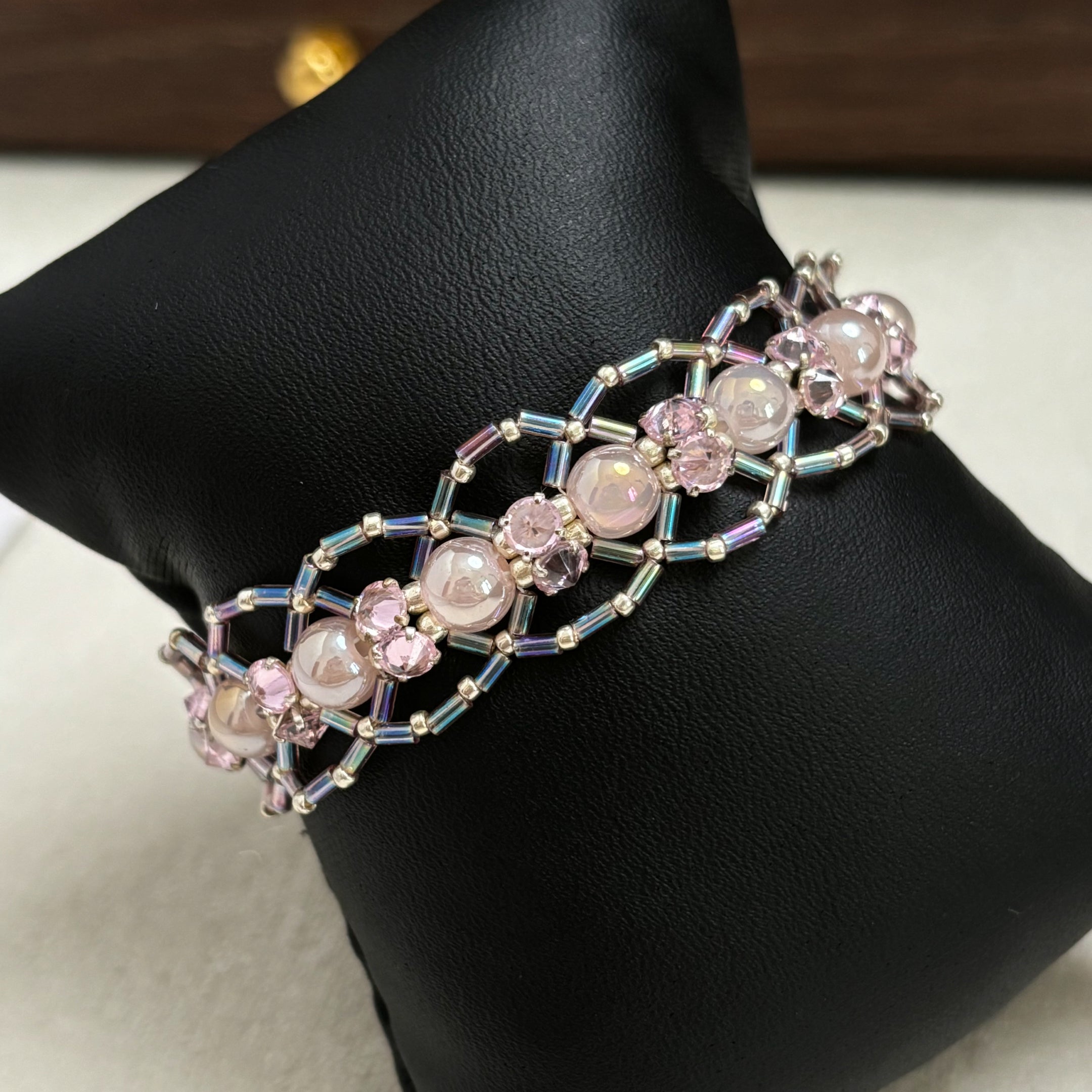 Elegant Pink Lace Bracelet | Dreamy Crystal Pearl & Zirconia Beadwork with Miyuki Bugle Accents