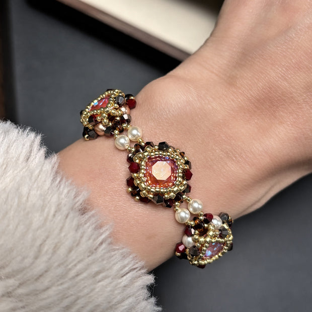 Vintage Ruby Glow | Handwoven Orange Red CZ Paved Bracelet with Bicone, TOHO Seed Beads & 18K Gold Plated Micro Pave Clasp