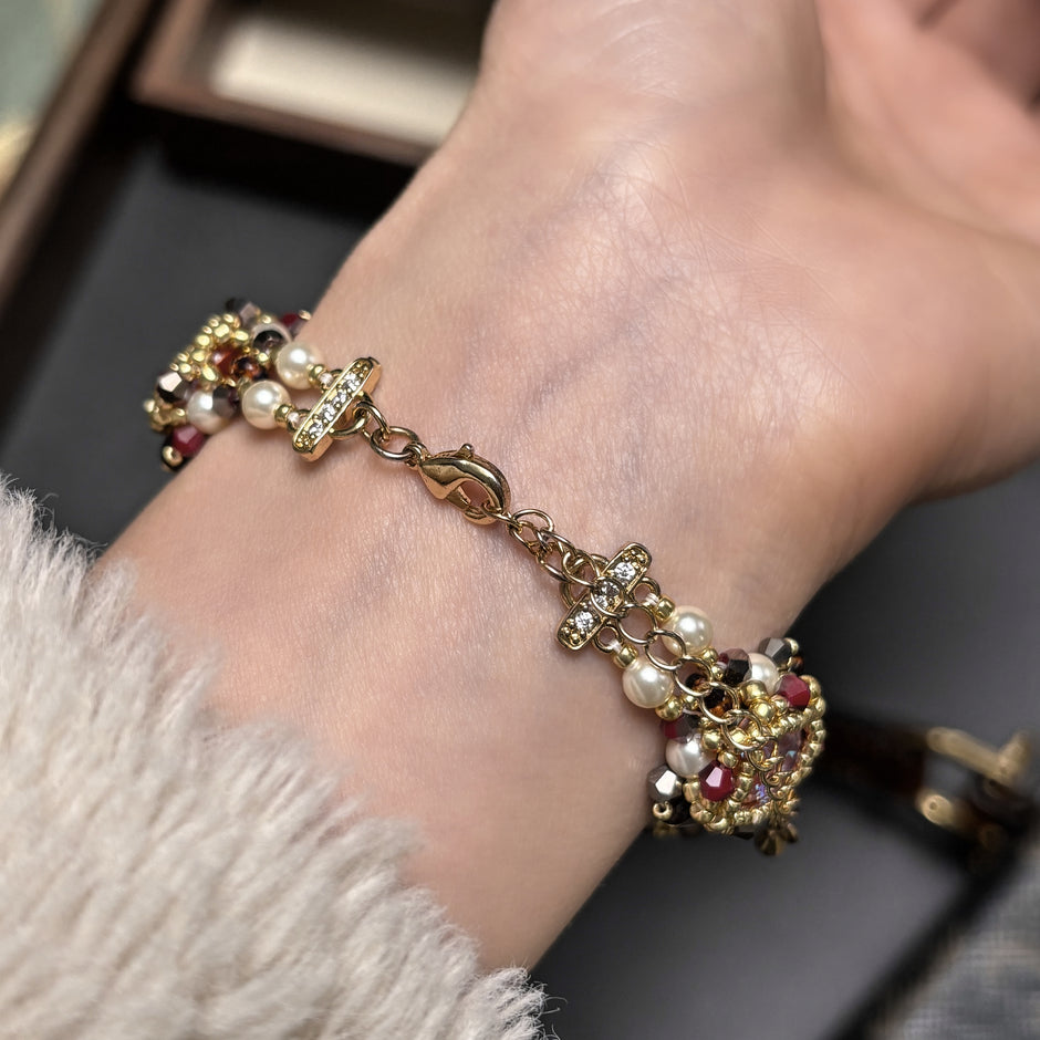 Vintage Ruby Glow | Handwoven Orange Red CZ Paved Bracelet with Bicone, TOHO Seed Beads & 18K Gold Plated Micro Pave Clasp