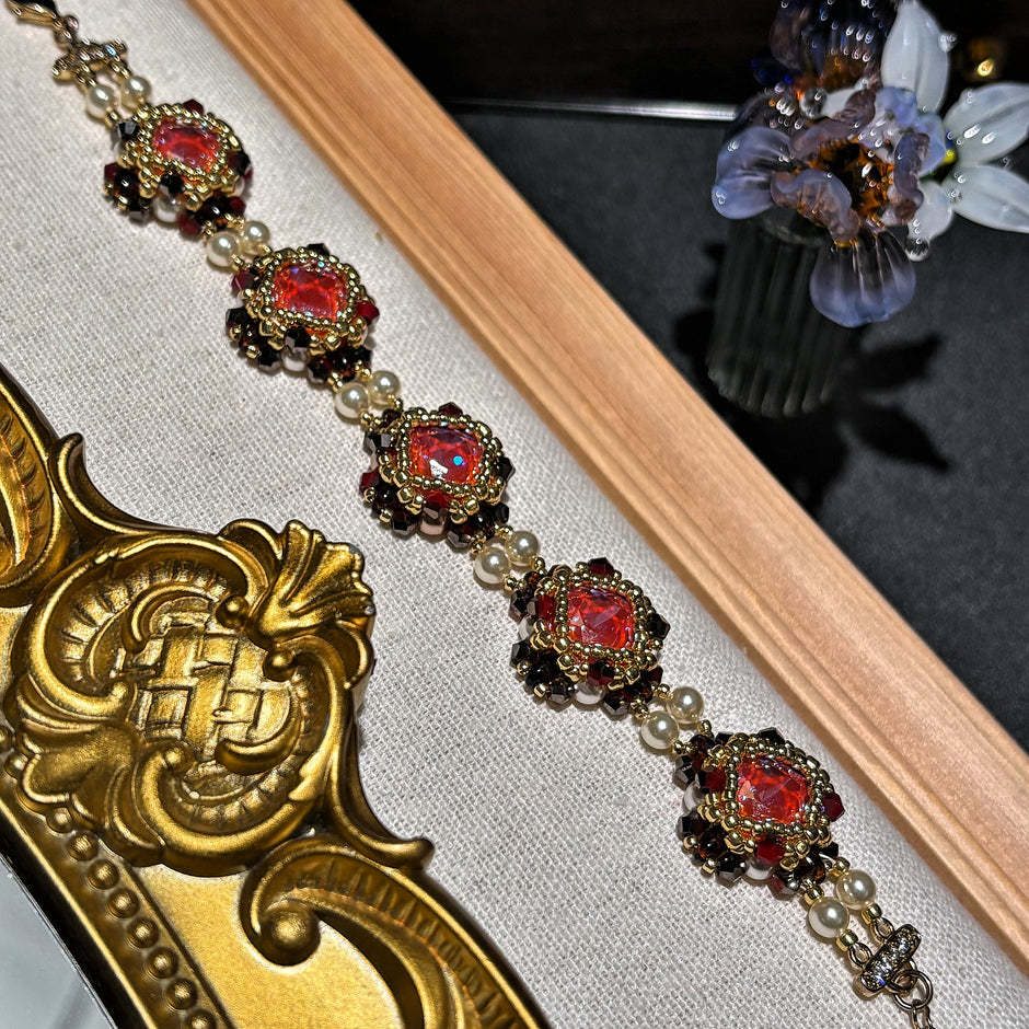 Vintage Ruby Glow | Handwoven Orange Red CZ Paved Bracelet with Bicone, TOHO Seed Beads & 18K Gold Plated Micro Pave Clasp