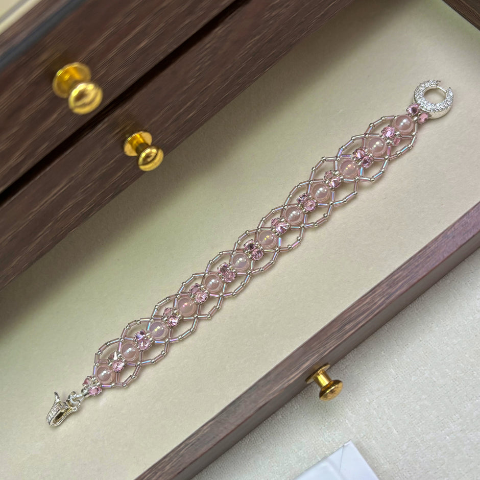 Elegant Pink Lace Bracelet | Dreamy Crystal Pearl & Zirconia Beadwork with Miyuki Bugle Accents