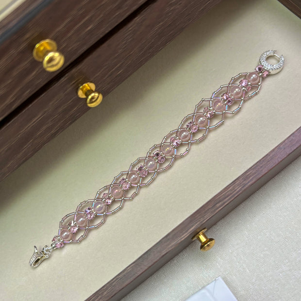Elegant Pink Lace Bracelet | Dreamy Crystal Pearl & Zirconia Beadwork with Miyuki Bugle Accents